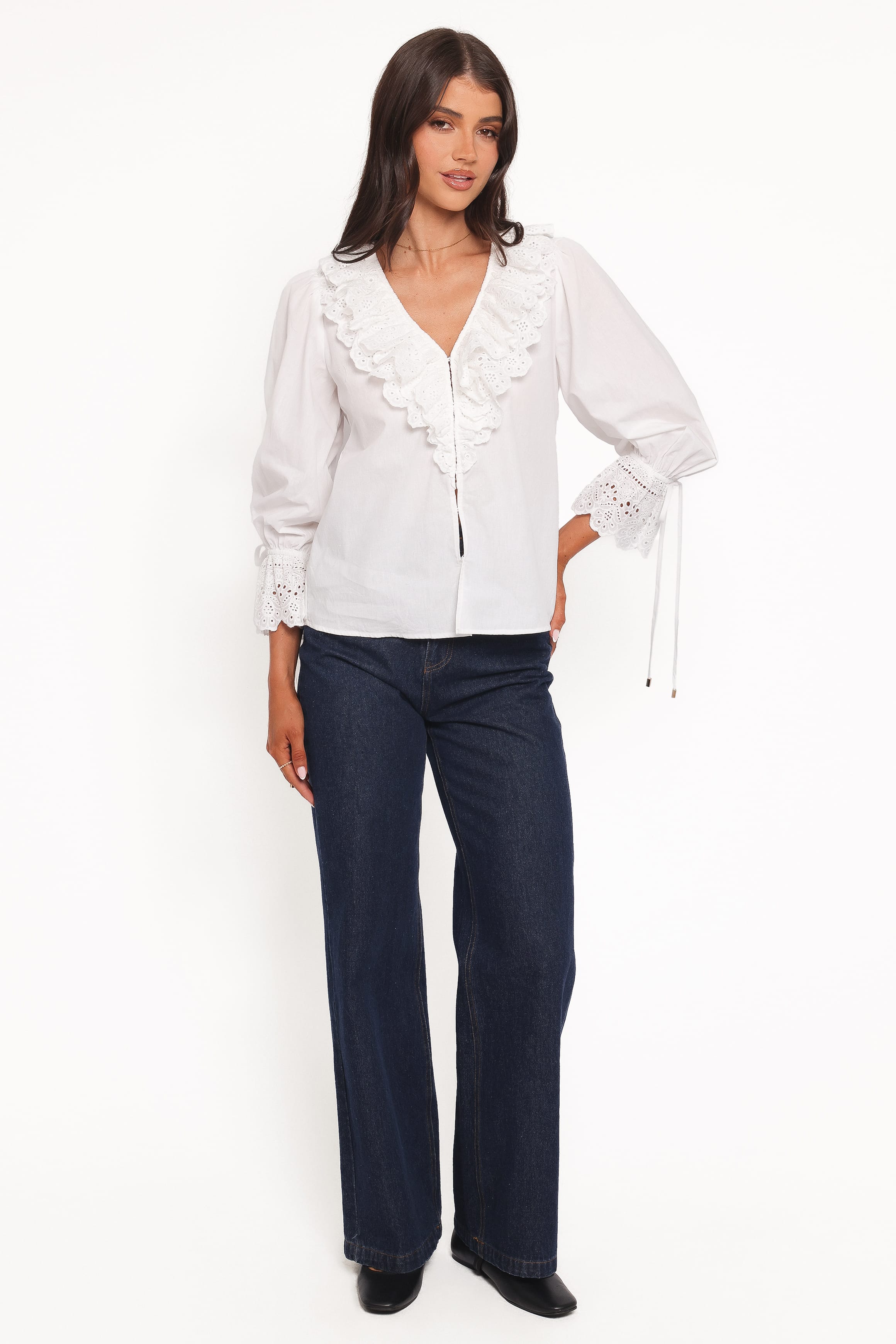 TOPS Aelwen Ruffle Blouse - White Embroidery
