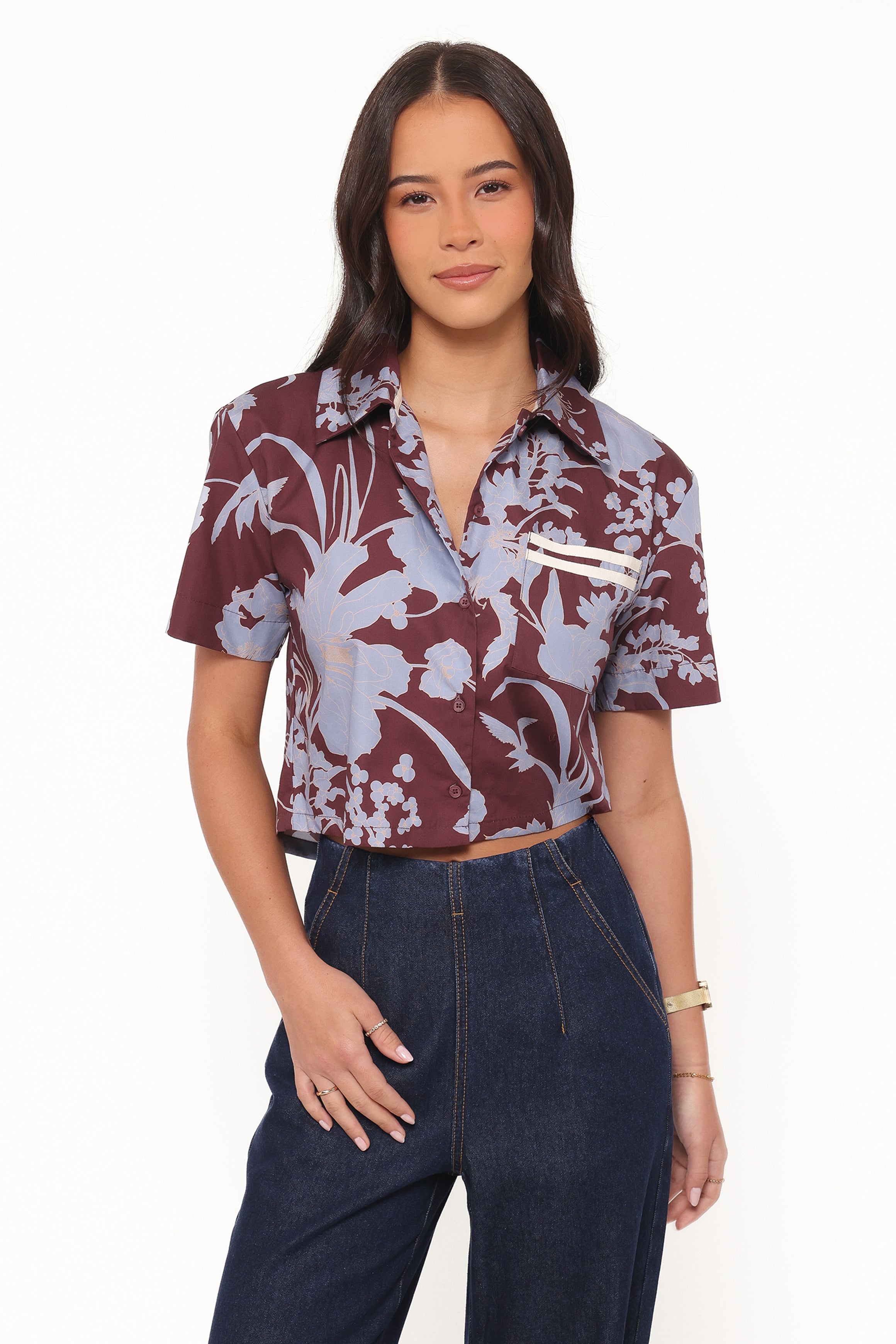 TOPS Aine Cropped Short Sleeve Shirt - Burgundy Floral
