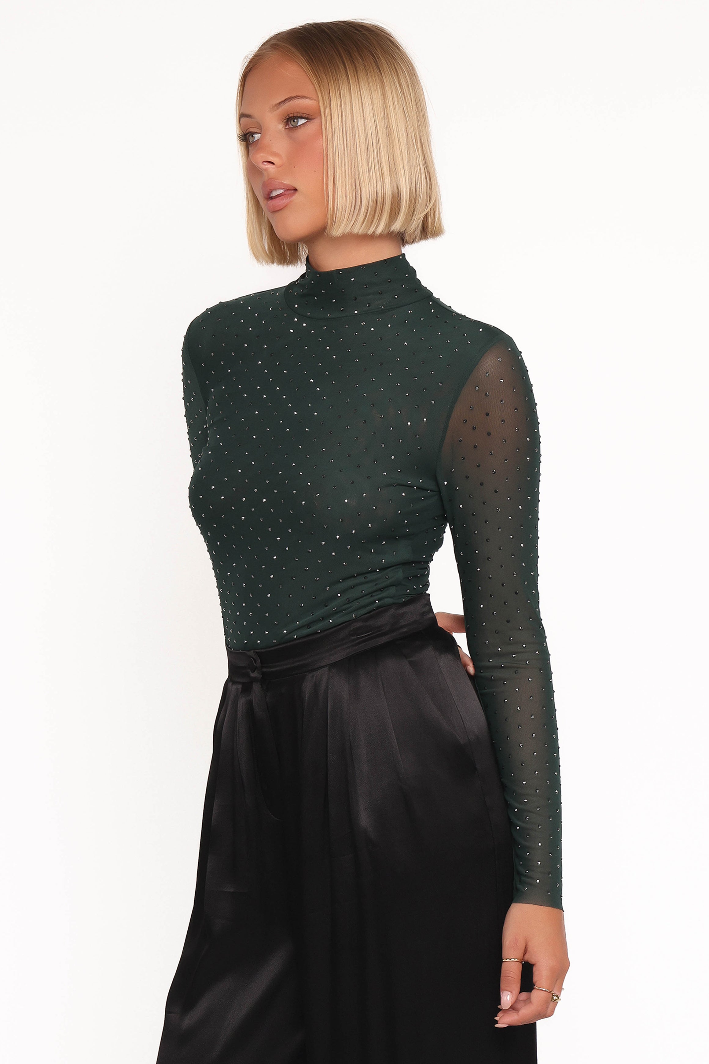 TOPS Alejandra Embellished Mesh Top - Hunter Green