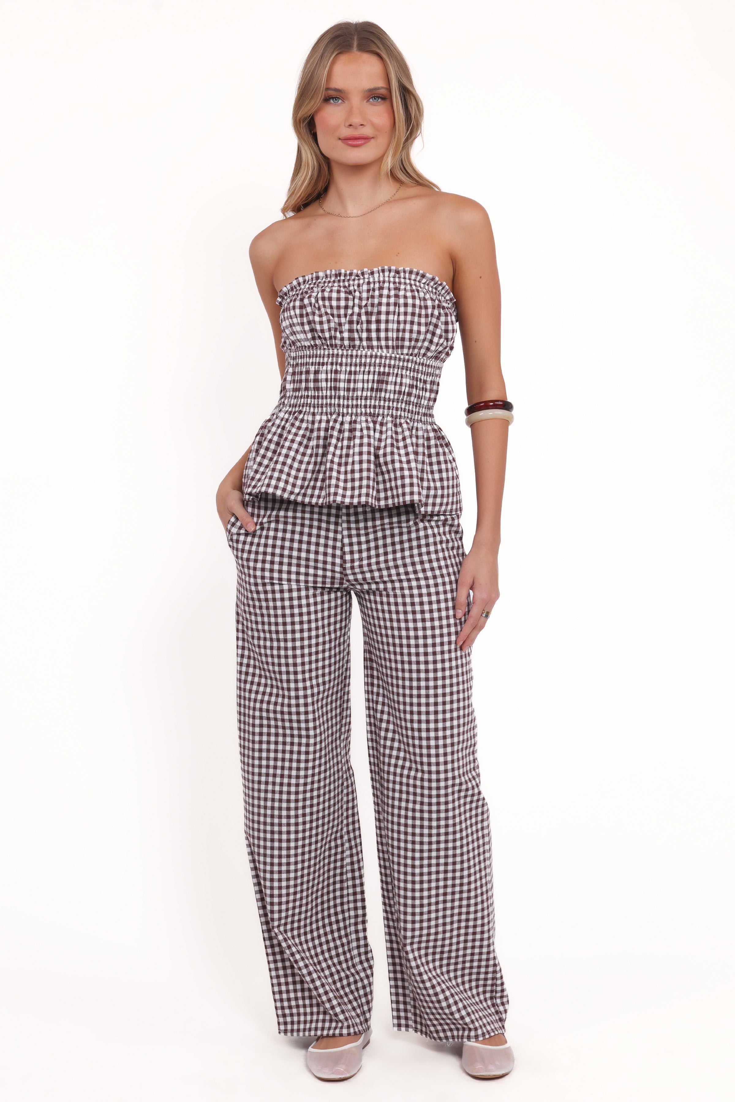 TOPS Amity Strapless Top - Brown Gingham