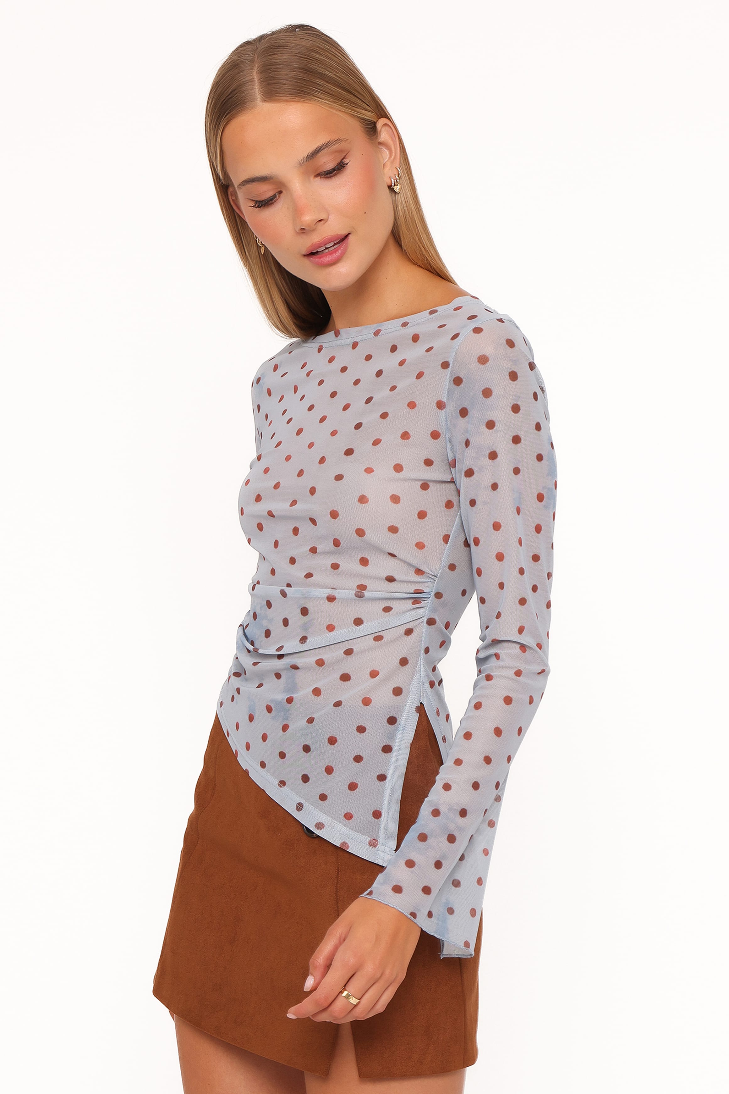 TOPS Annora Asymmetrical Mesh Top - Blue Dot