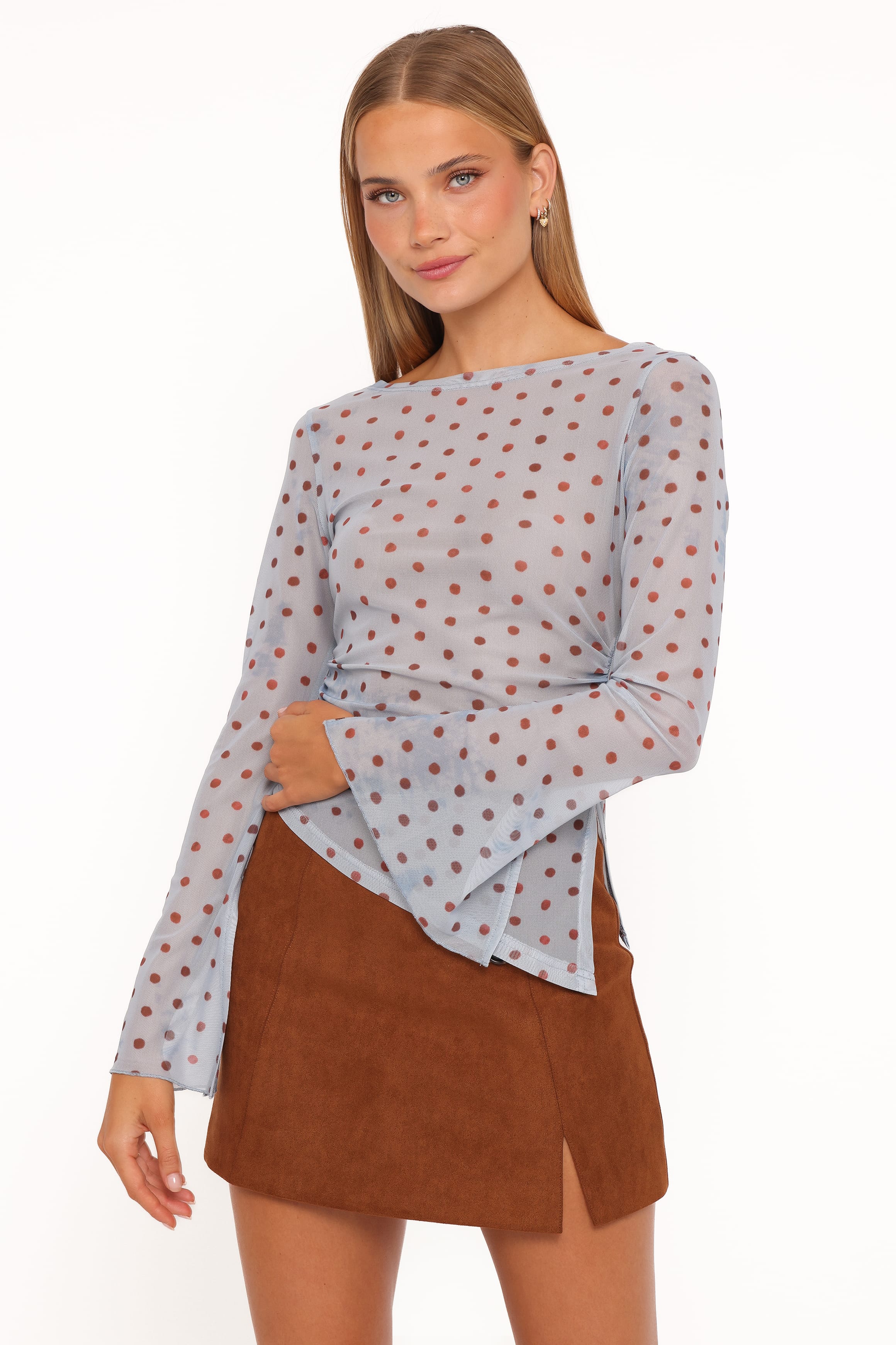 TOPS Annora Asymmetrical Mesh Top - Blue Dot