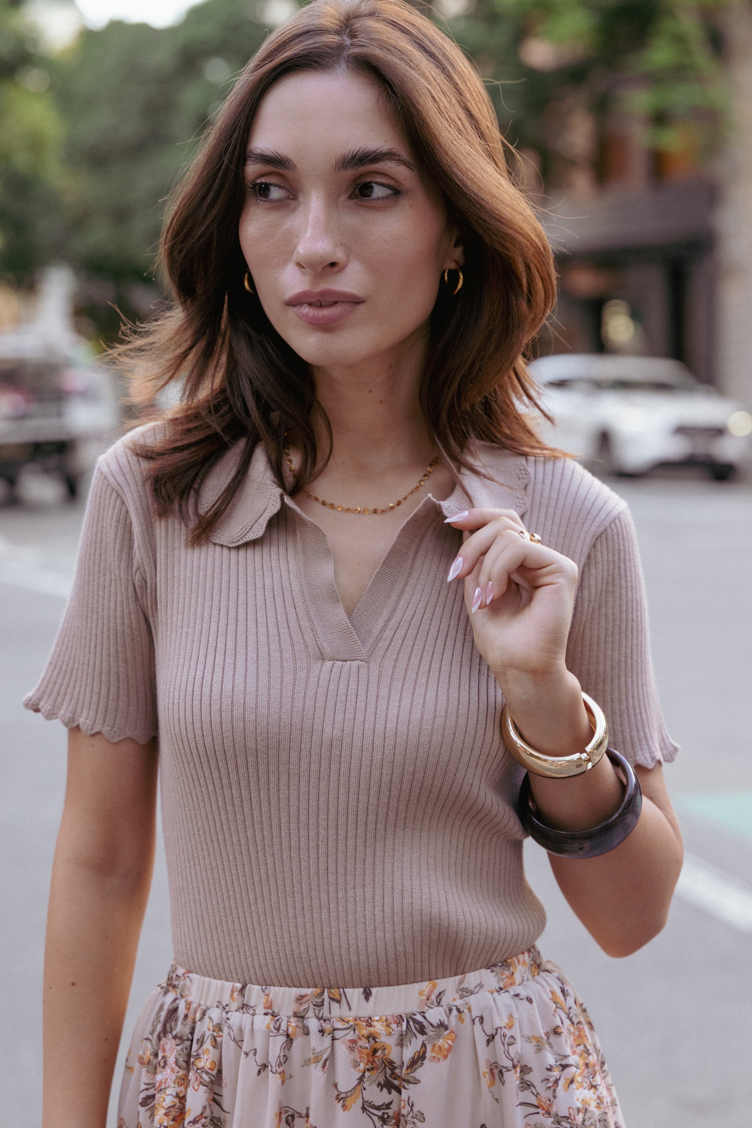 TOPS Aradia Scallop Collar Polo - Grey Morn