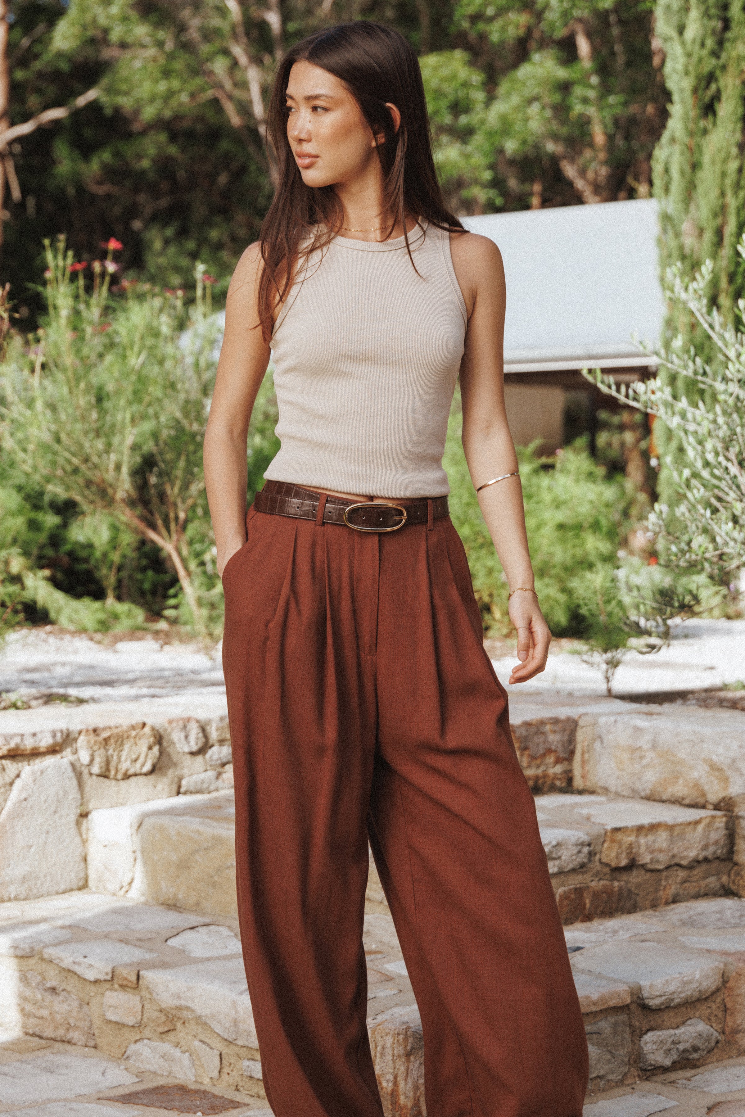 TOPS Ari Ribbed Tank Top - Wheat