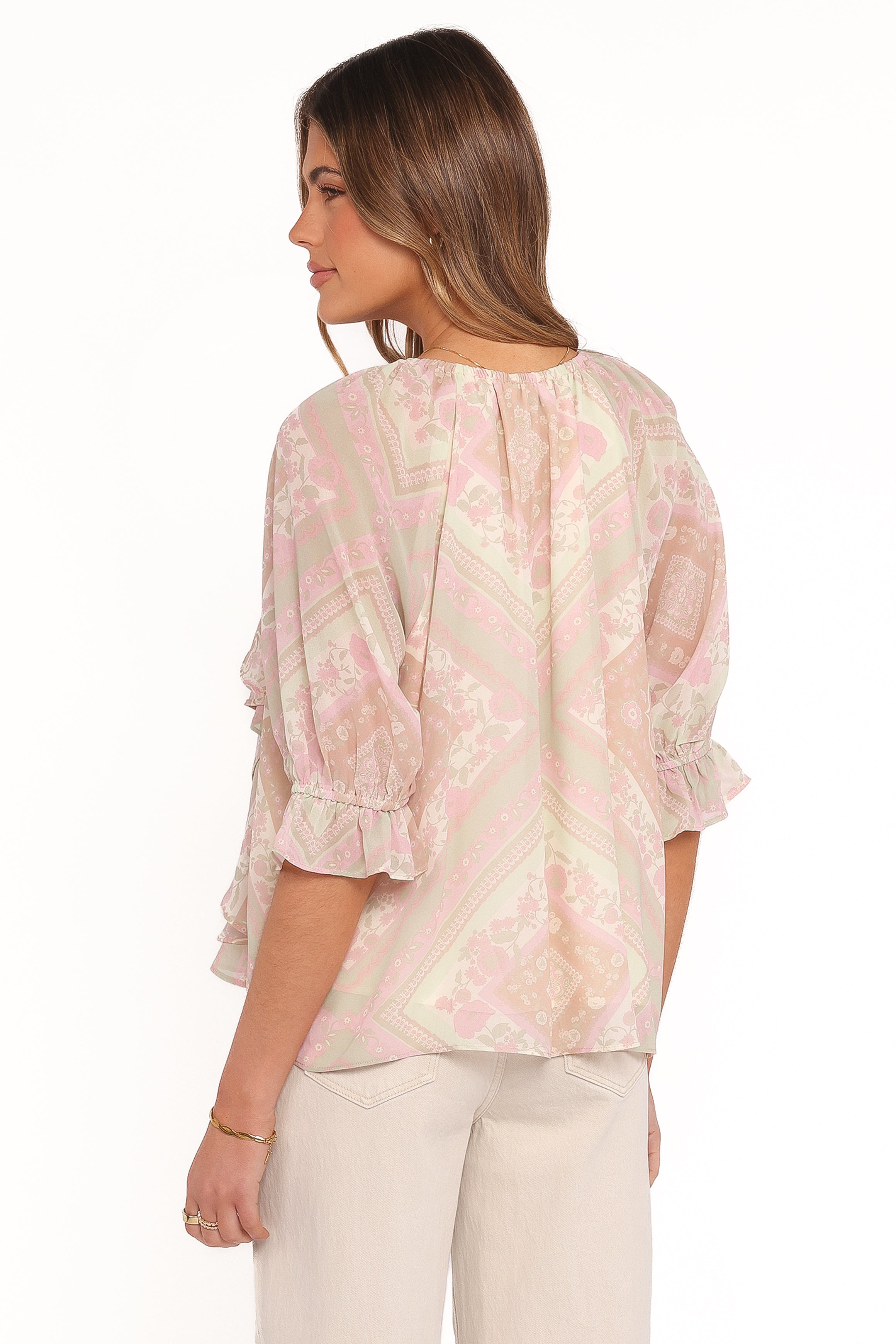 TOPS Arletta Ruffle Top - Sage Paisley