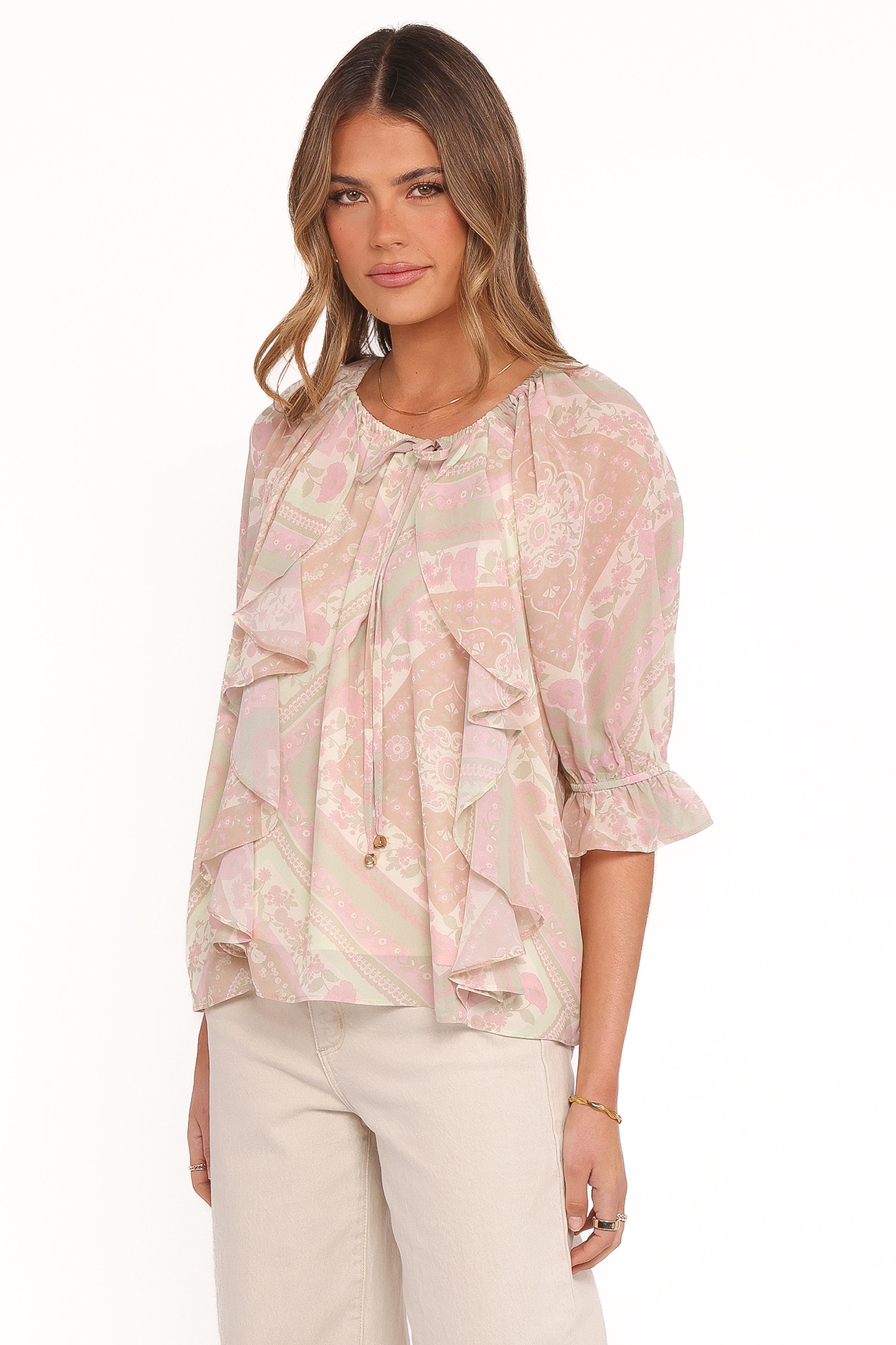 TOPS Arletta Ruffle Top - Sage Paisley