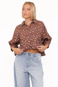 TOPS Ashe Cropped Button Up Top - Brown Floral