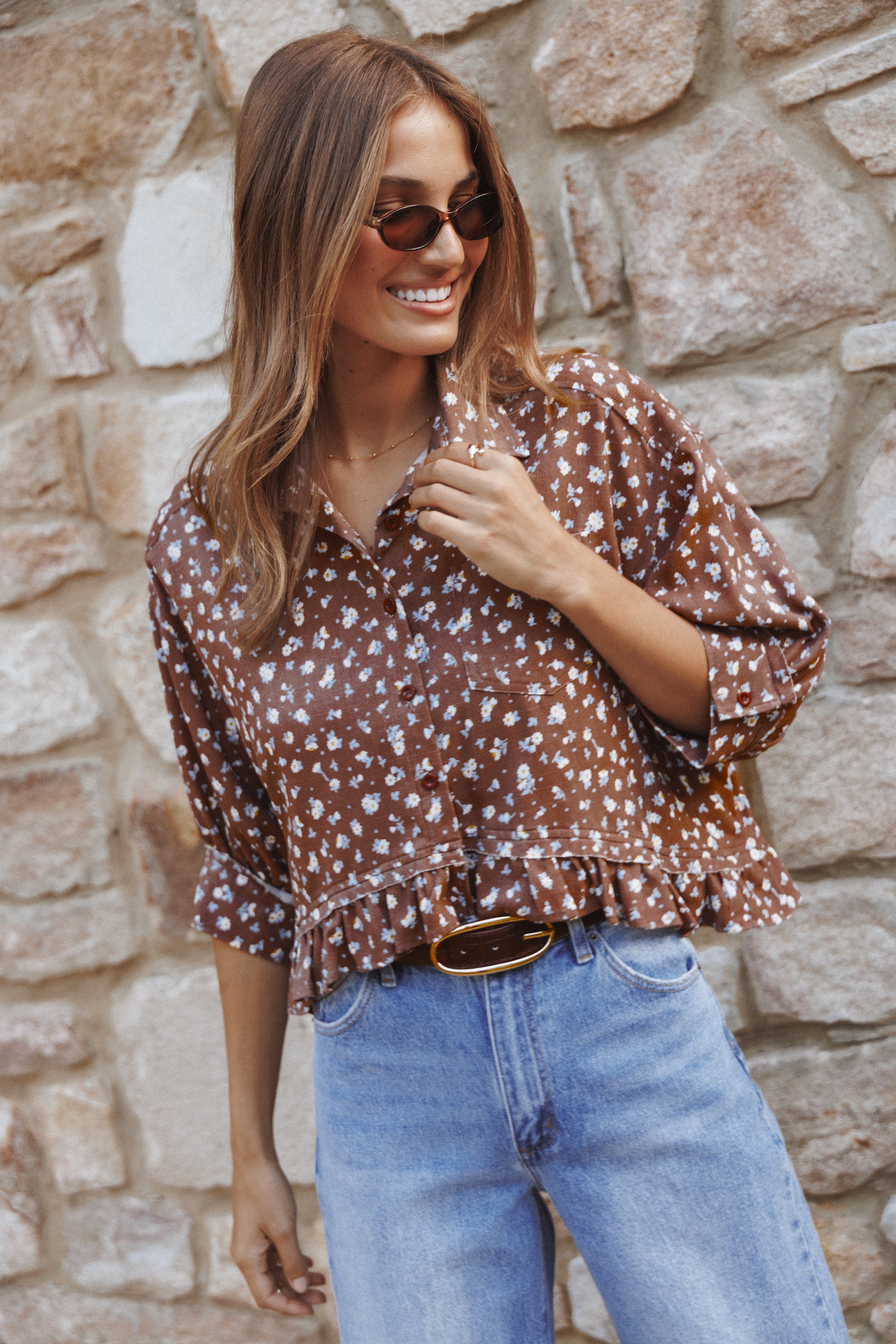 TOPS Ashe Cropped Button Up Top - Brown Floral