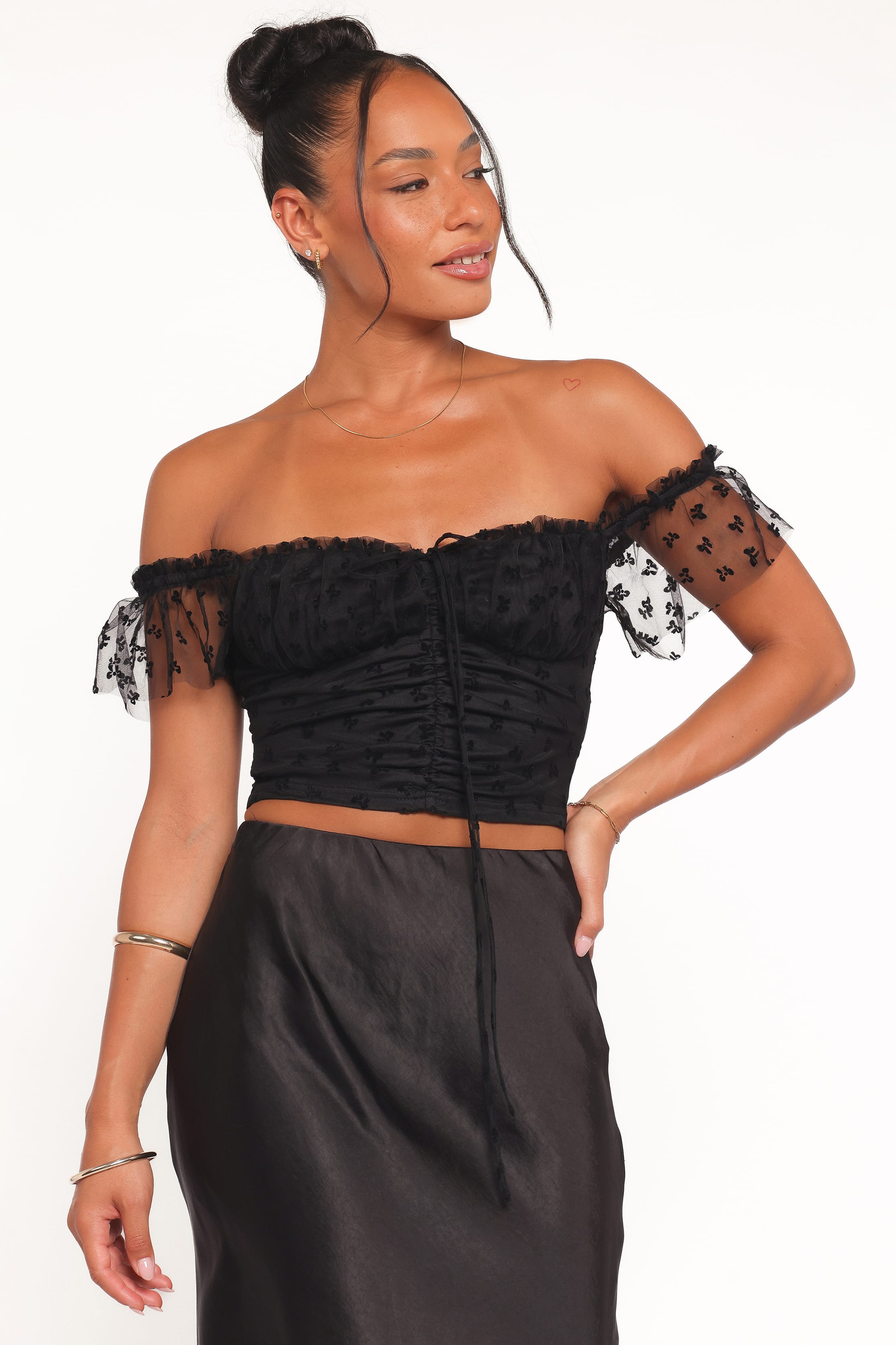 TOPS Aster Off Shoulder Mesh Top - Black