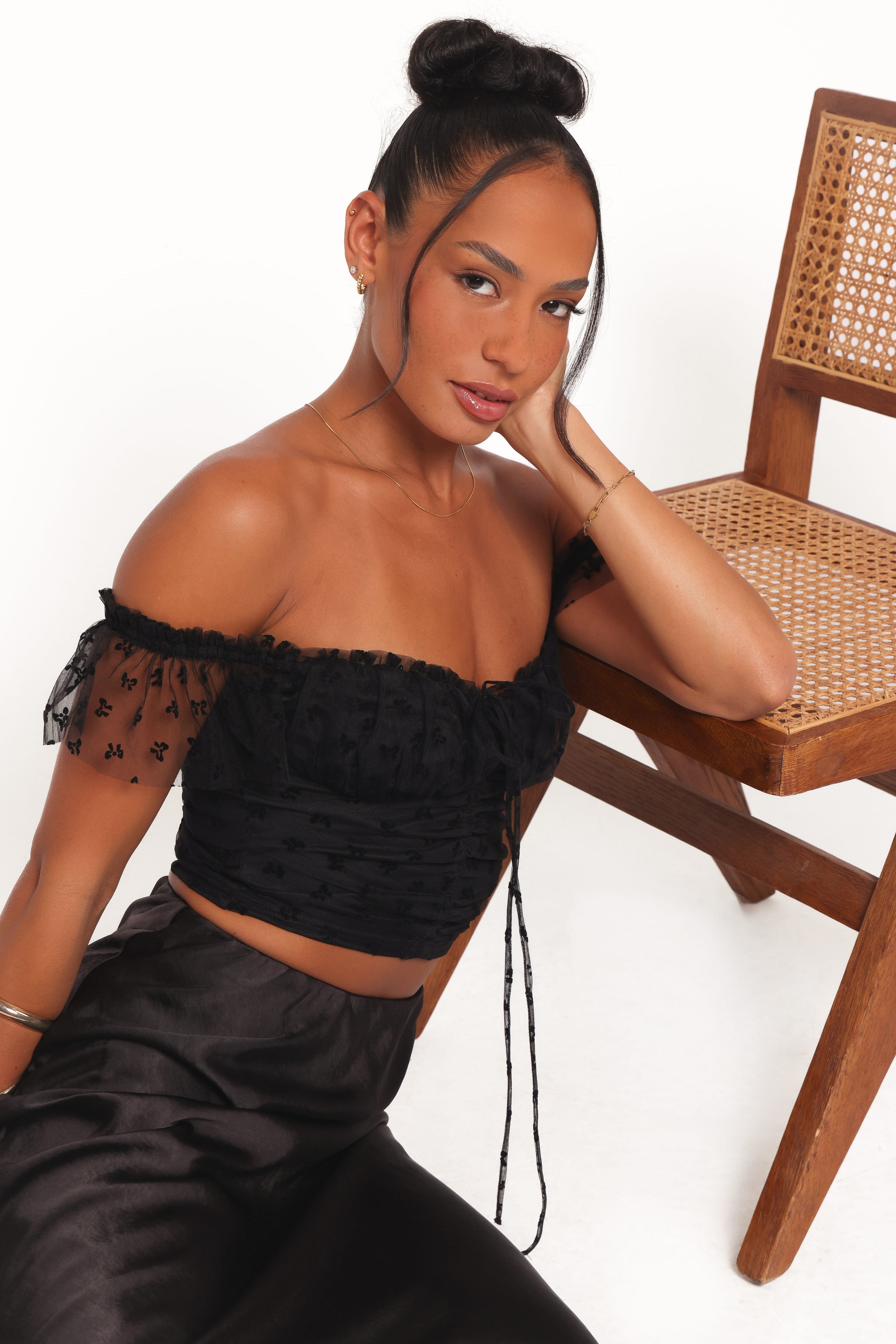 TOPS Aster Off Shoulder Mesh Top - Black