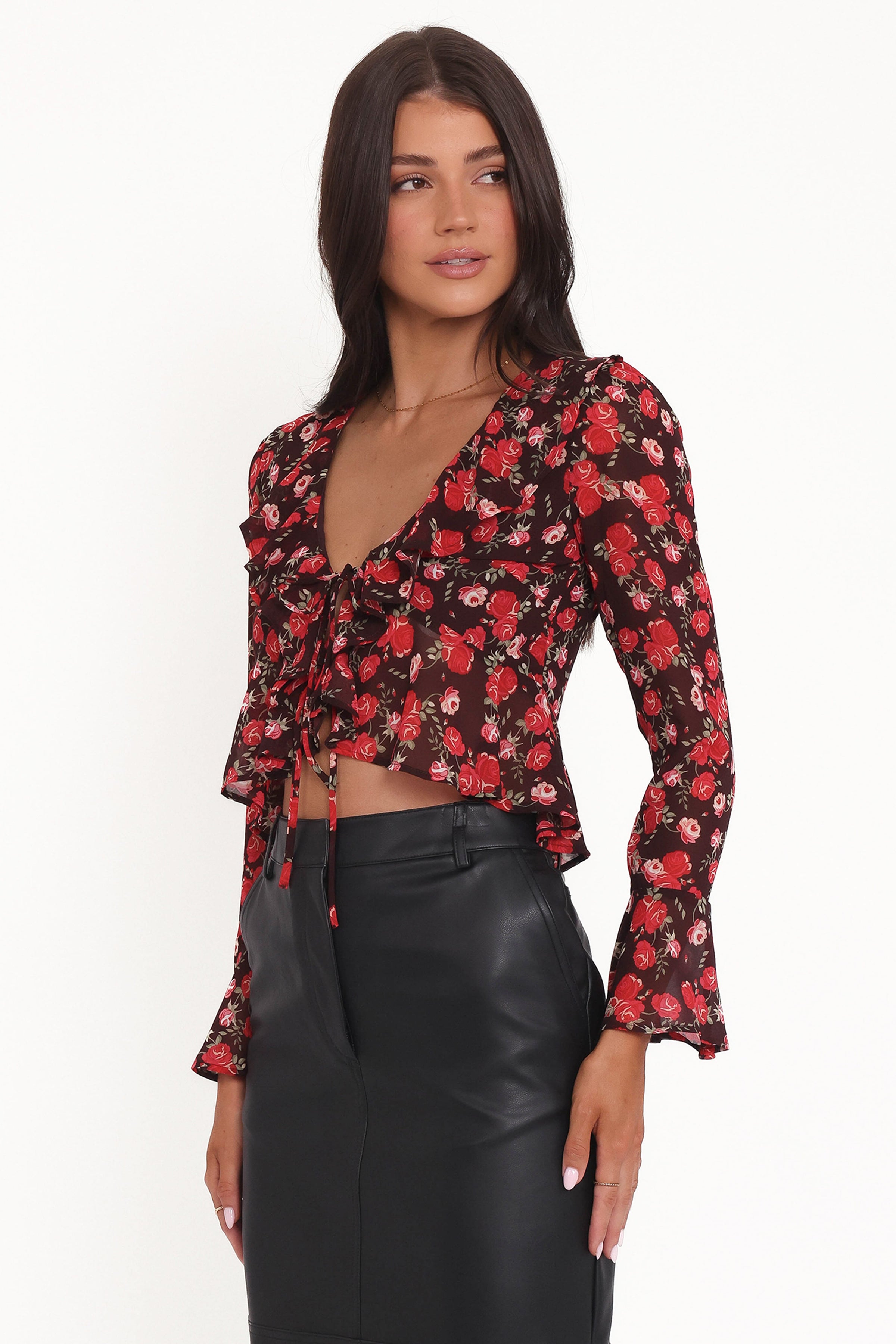 TOPS Aveline Chiffon Ruffle Front Top - Brown Floral