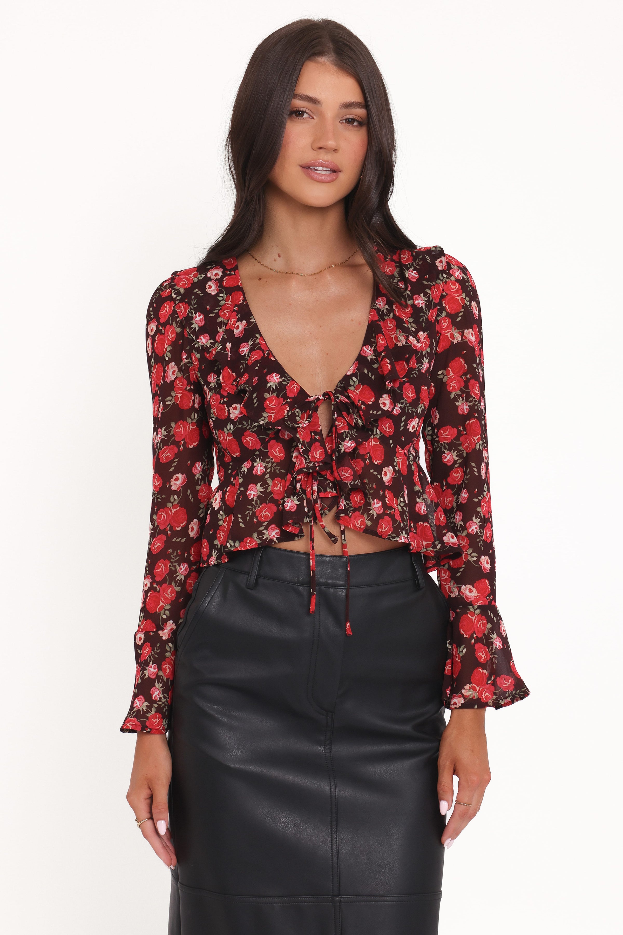 TOPS Aveline Chiffon Ruffle Front Top - Brown Floral