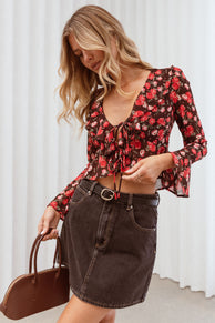 TOPS Aveline Chiffon Ruffle Front Top - Brown Floral