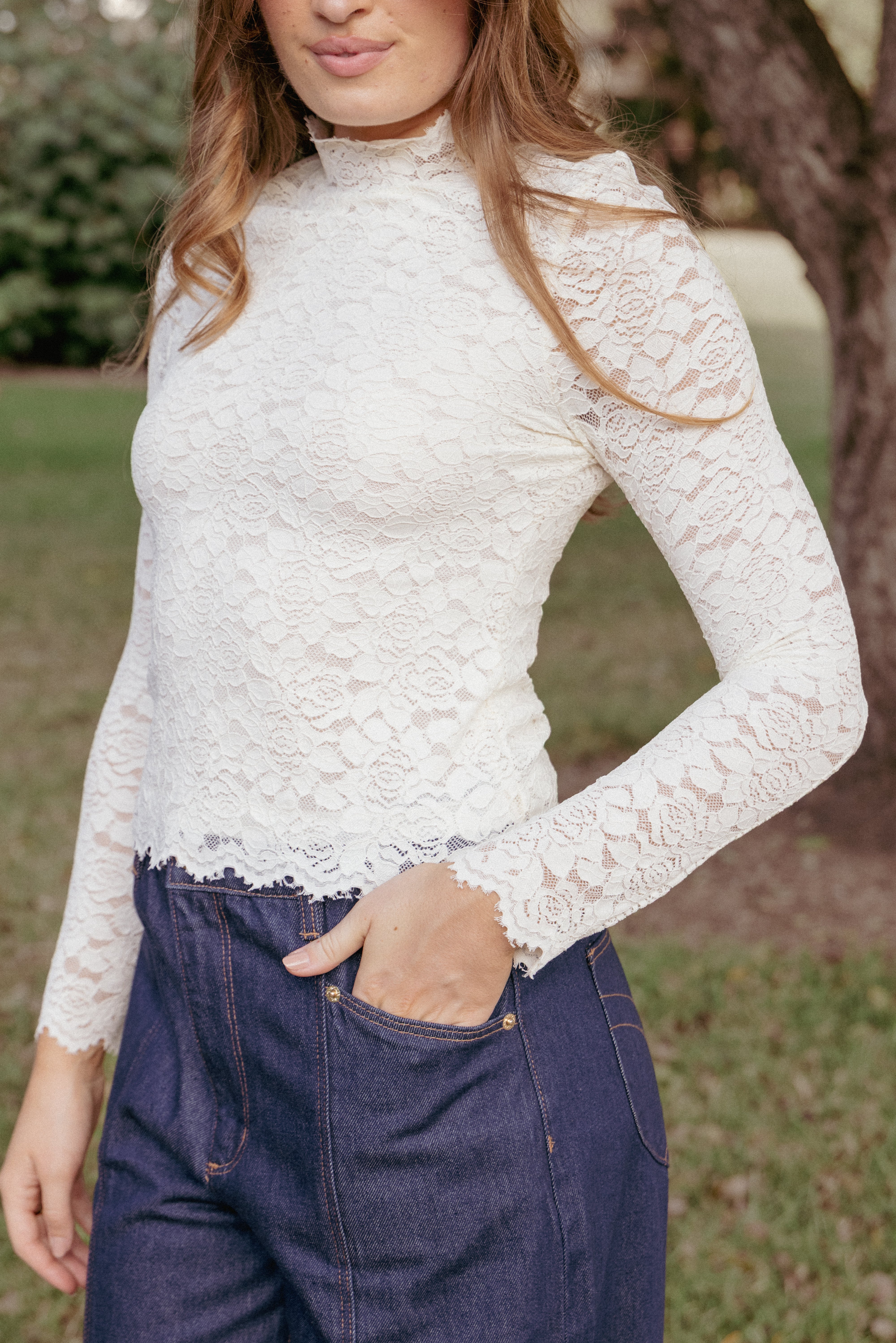 TOPS Beatriz Lace High Neck Top - Ivory