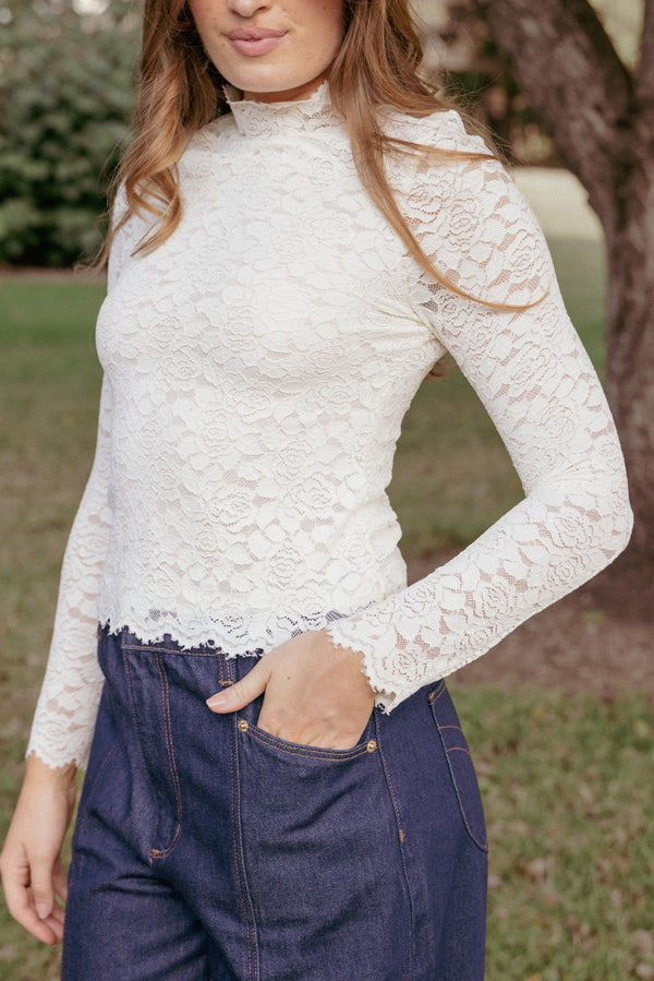 TOPS Beatriz Lace High Neck Top - Ivory