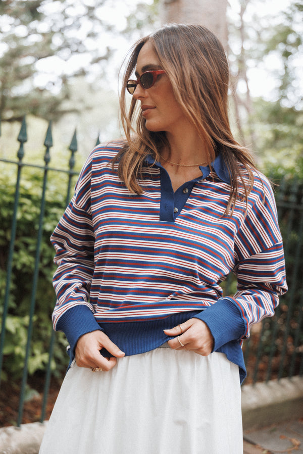 TOPS Beau Long Sleeve Jersey Top - Navy Stripe