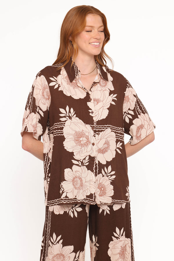TOPS Bernadine Short Sleeve Shirt - Brown Floral