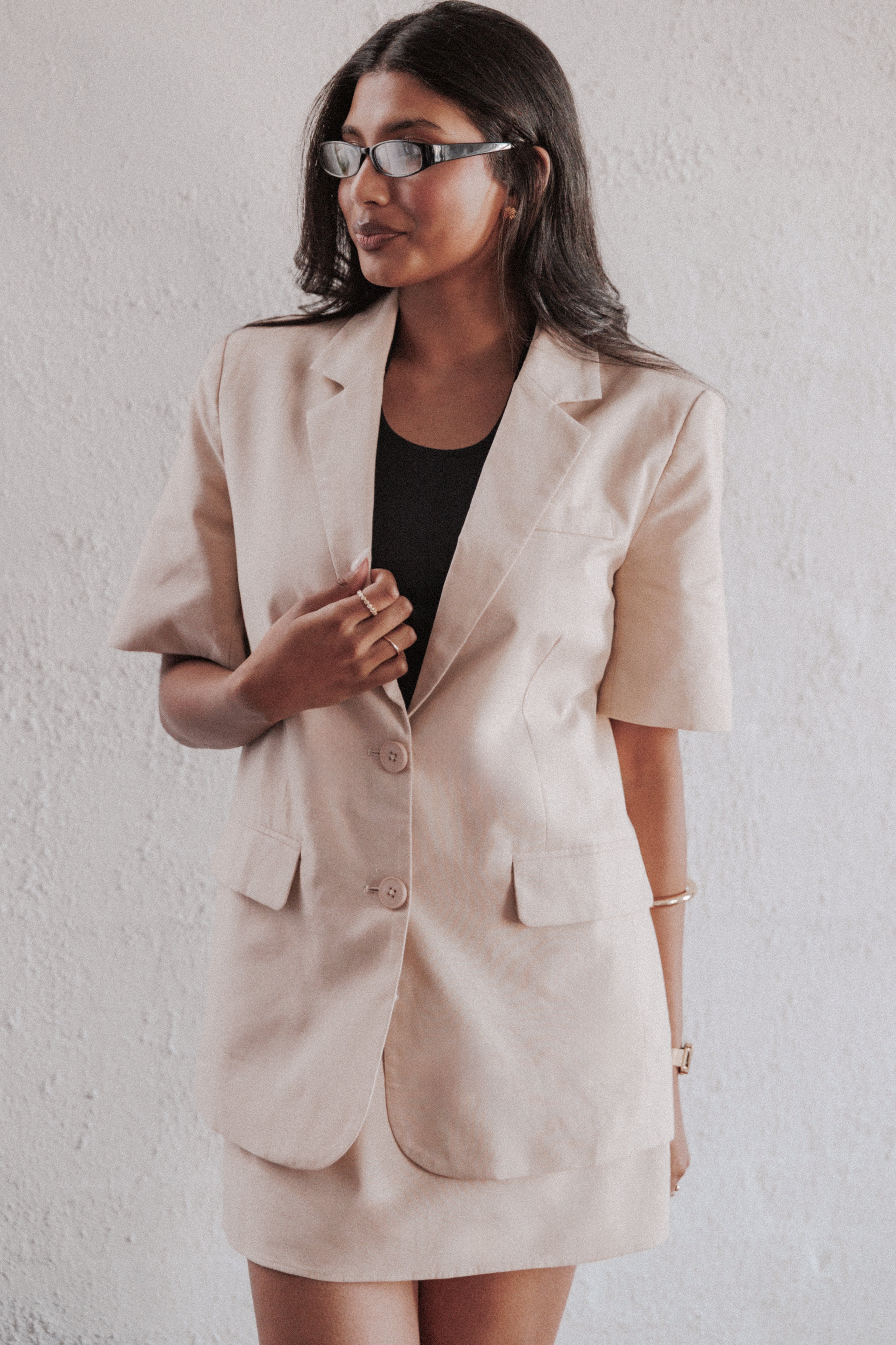 TOPS Brielle Short Sleeve Blazer Top - Beige