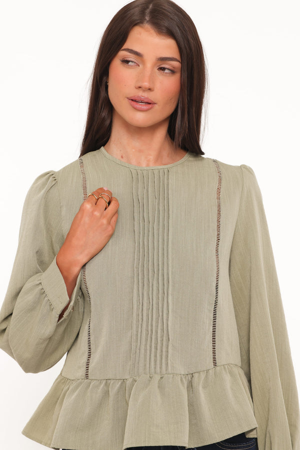 TOPS Brodane Peplum Blouse - Khaki