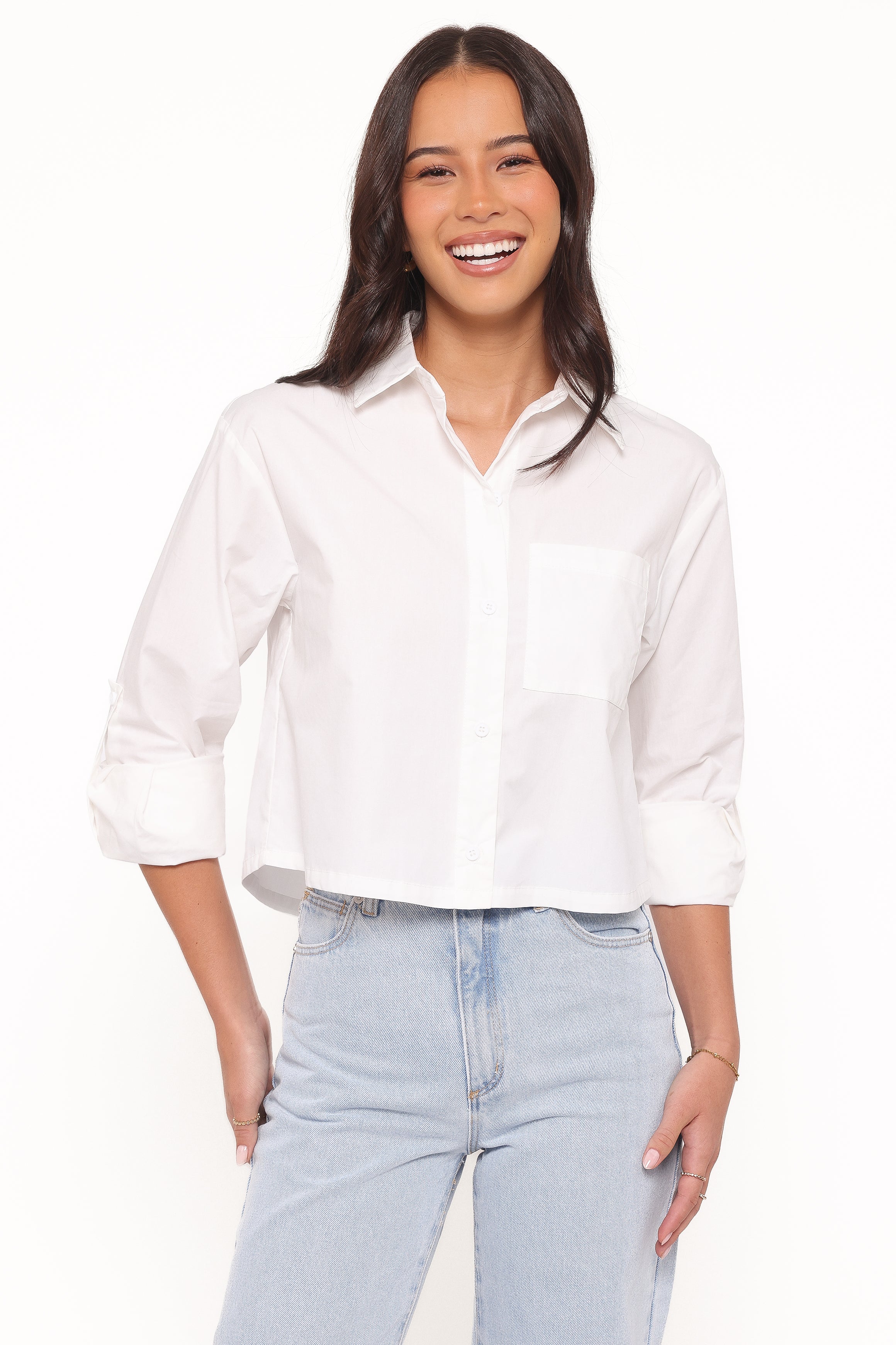 TOPS Bronagh Cropped Button Up Shirt - White