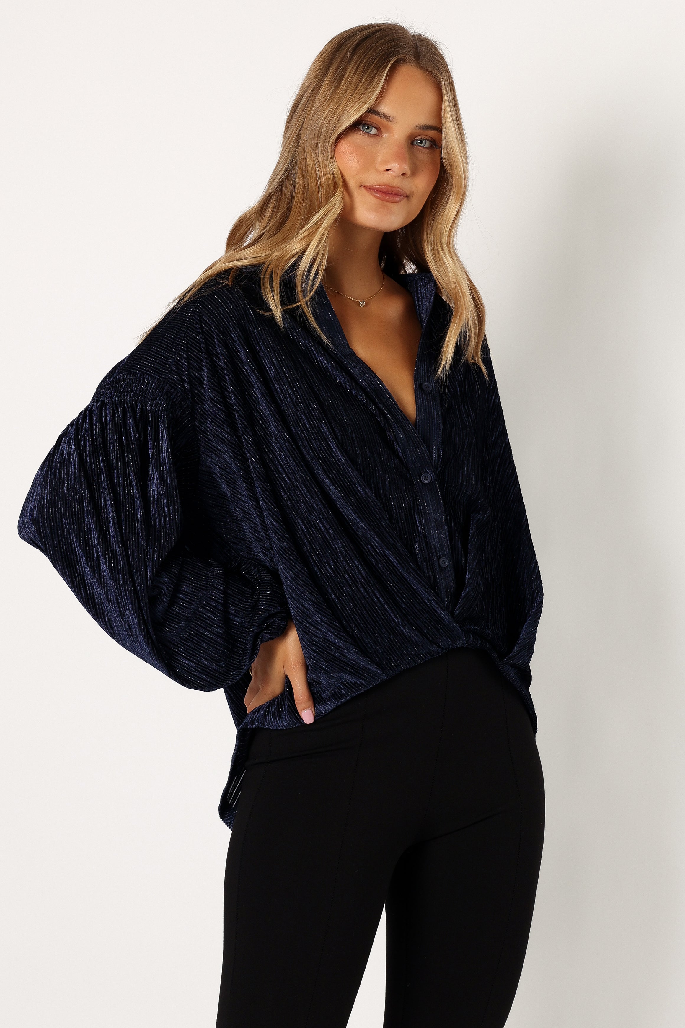 TOPS @Cadence Long Sleeve Sequin Top - Navy