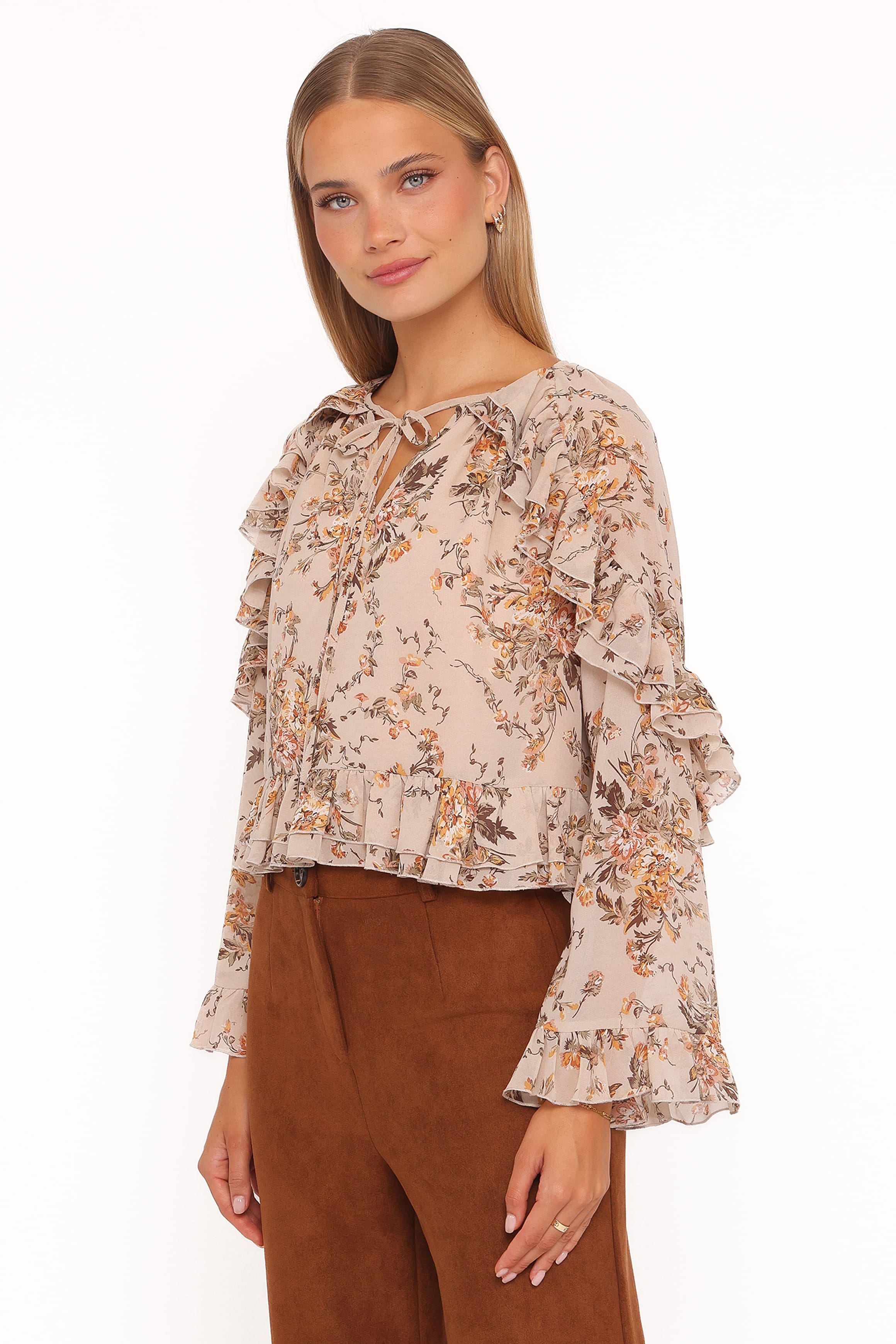 TOPS Caecilia Frill Top - Beige Floral