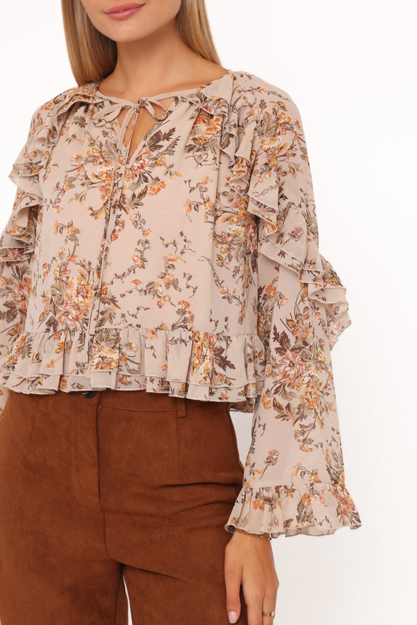 TOPS Caecilia Frill Top - Beige Floral