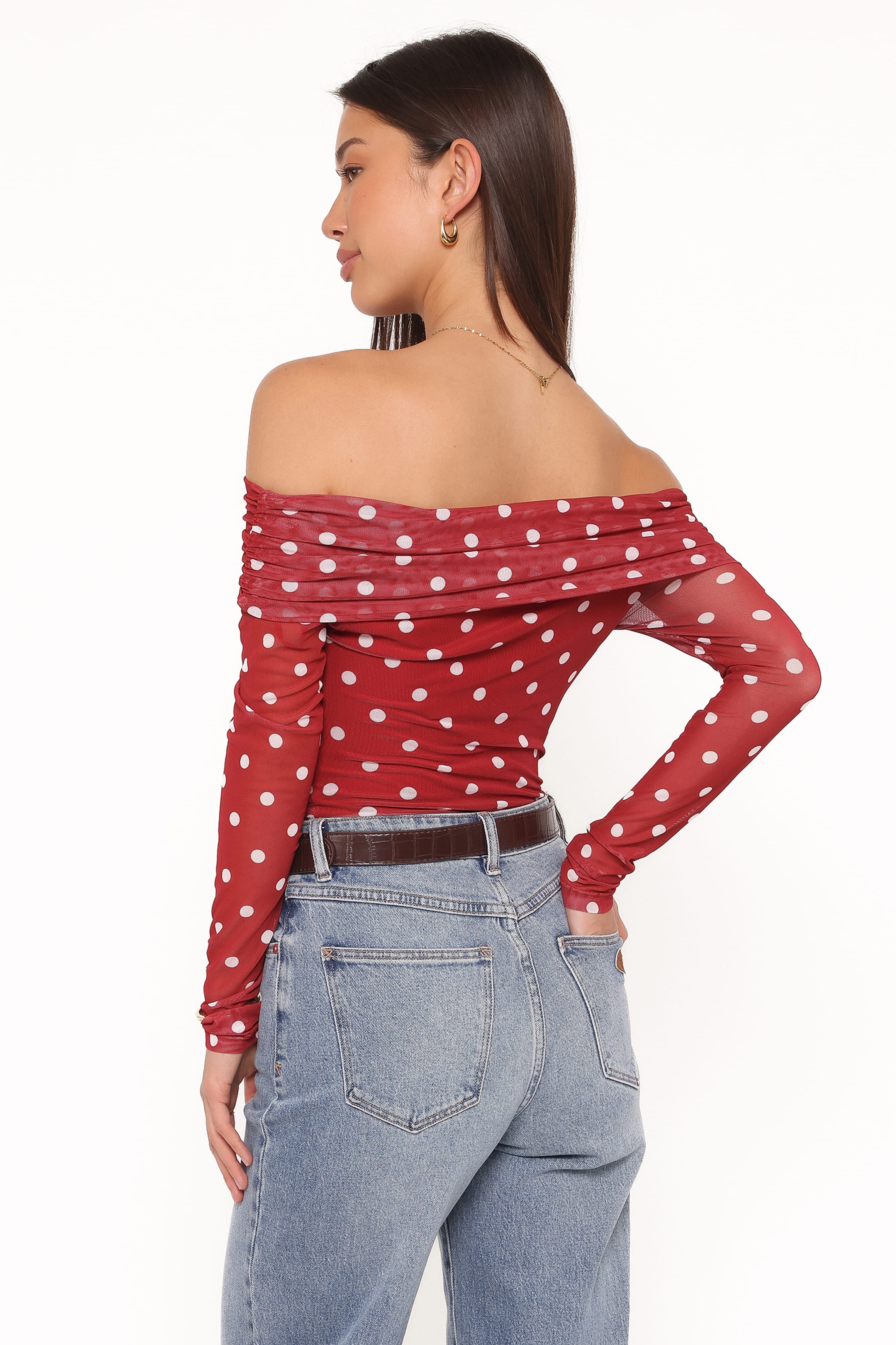 TOPS Caelira Off Shoulder Top - Red Polka Dot