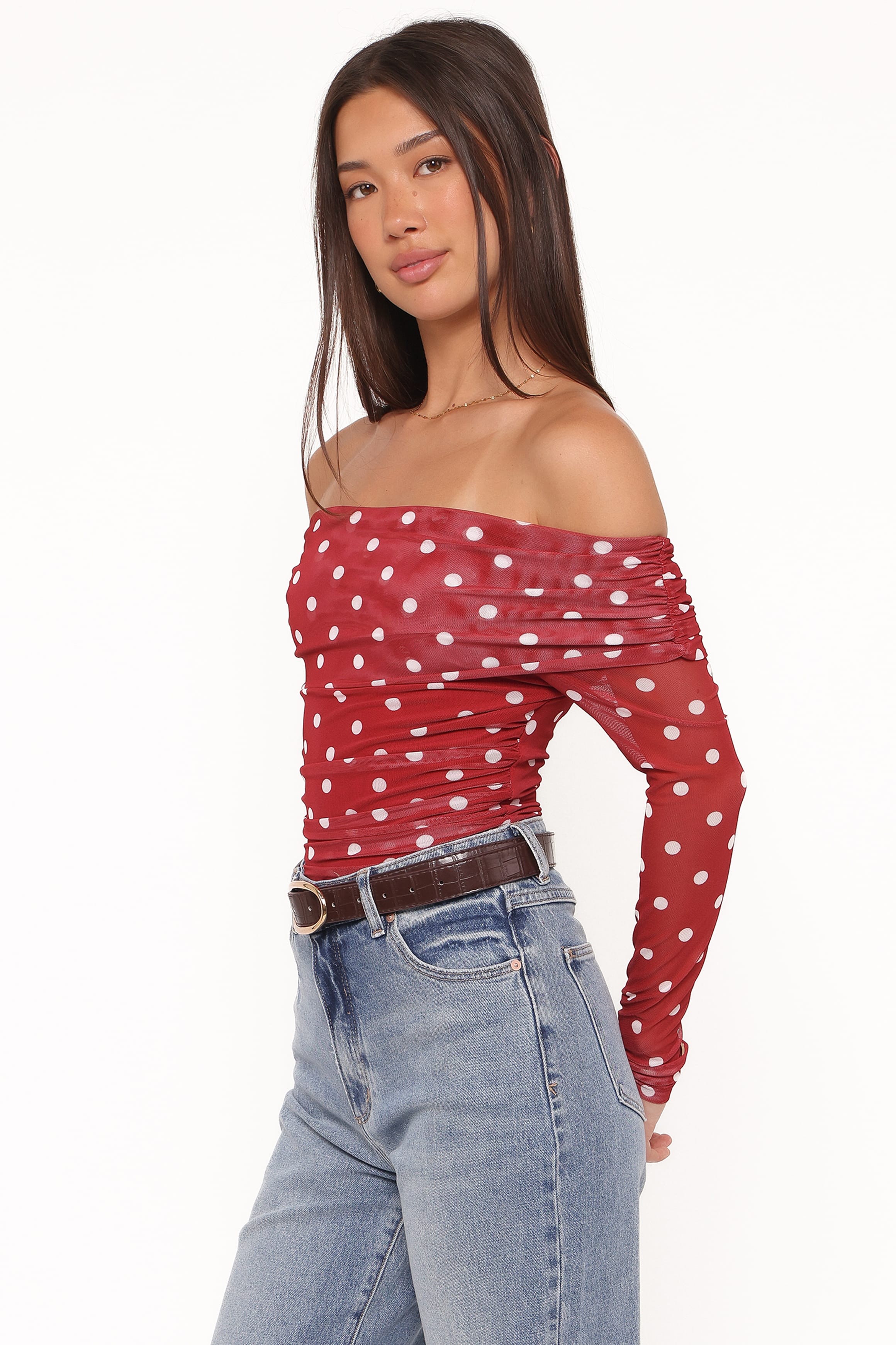 TOPS Caelira Off Shoulder Top - Red Polka Dot
