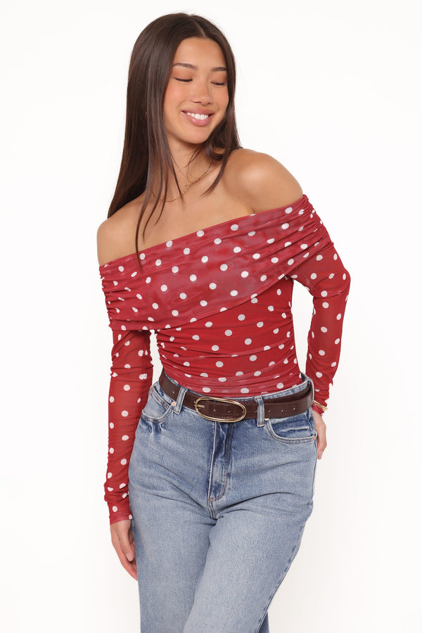 TOPS Caelira Off Shoulder Top - Red Polka Dot