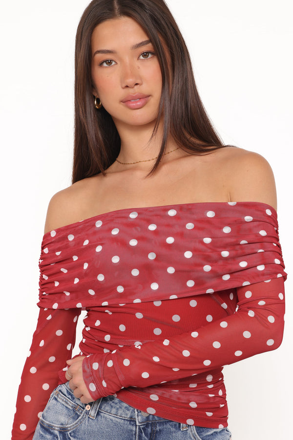 TOPS Caelira Off Shoulder Top - Red Polka Dot