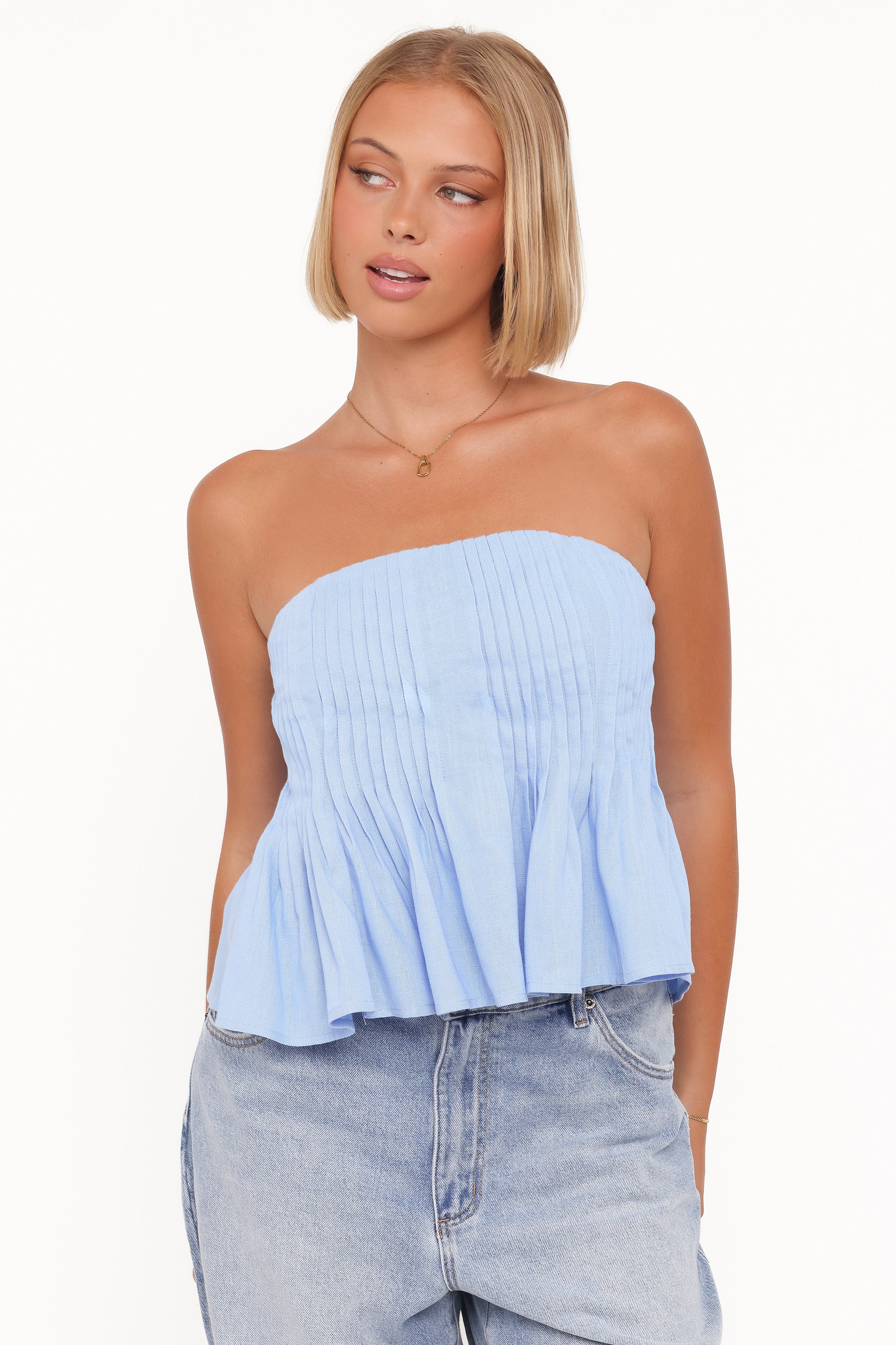 TOPS Cagnes Strapless Peplum Top - Blue
