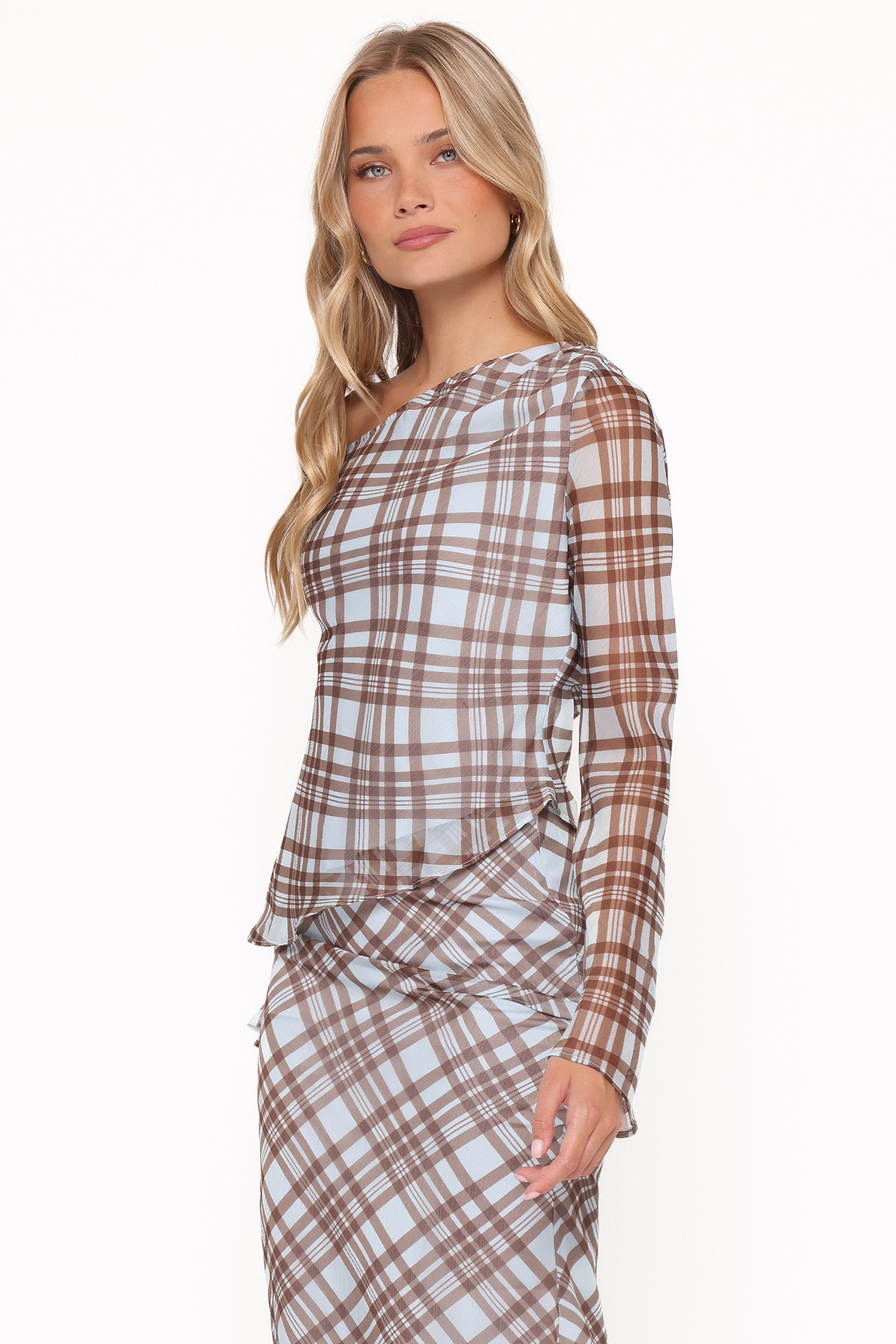 TOPS Caitriona Cowl Neck Top - Blue Plaid