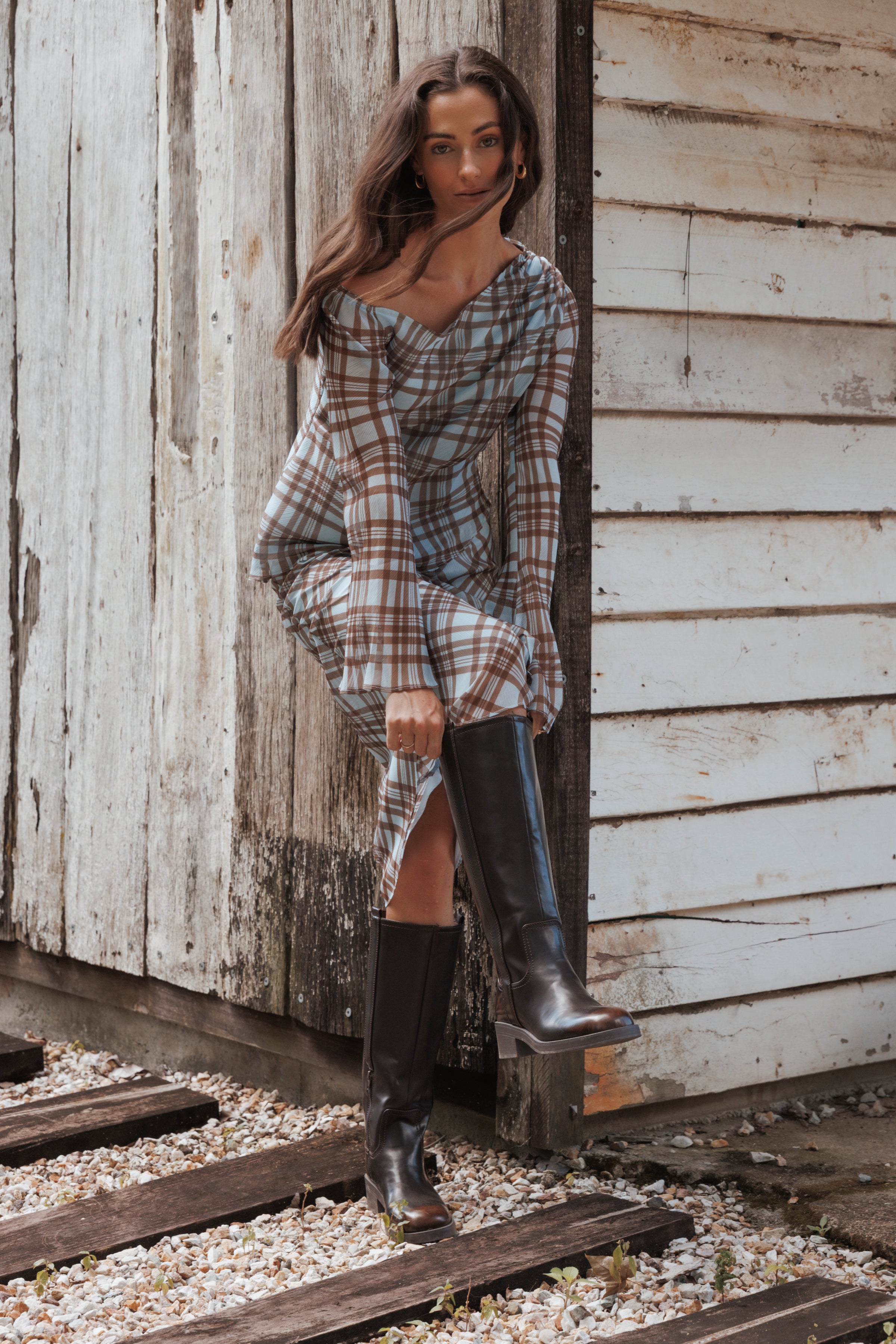 TOPS Caitriona Cowl Neck Top - Blue Plaid