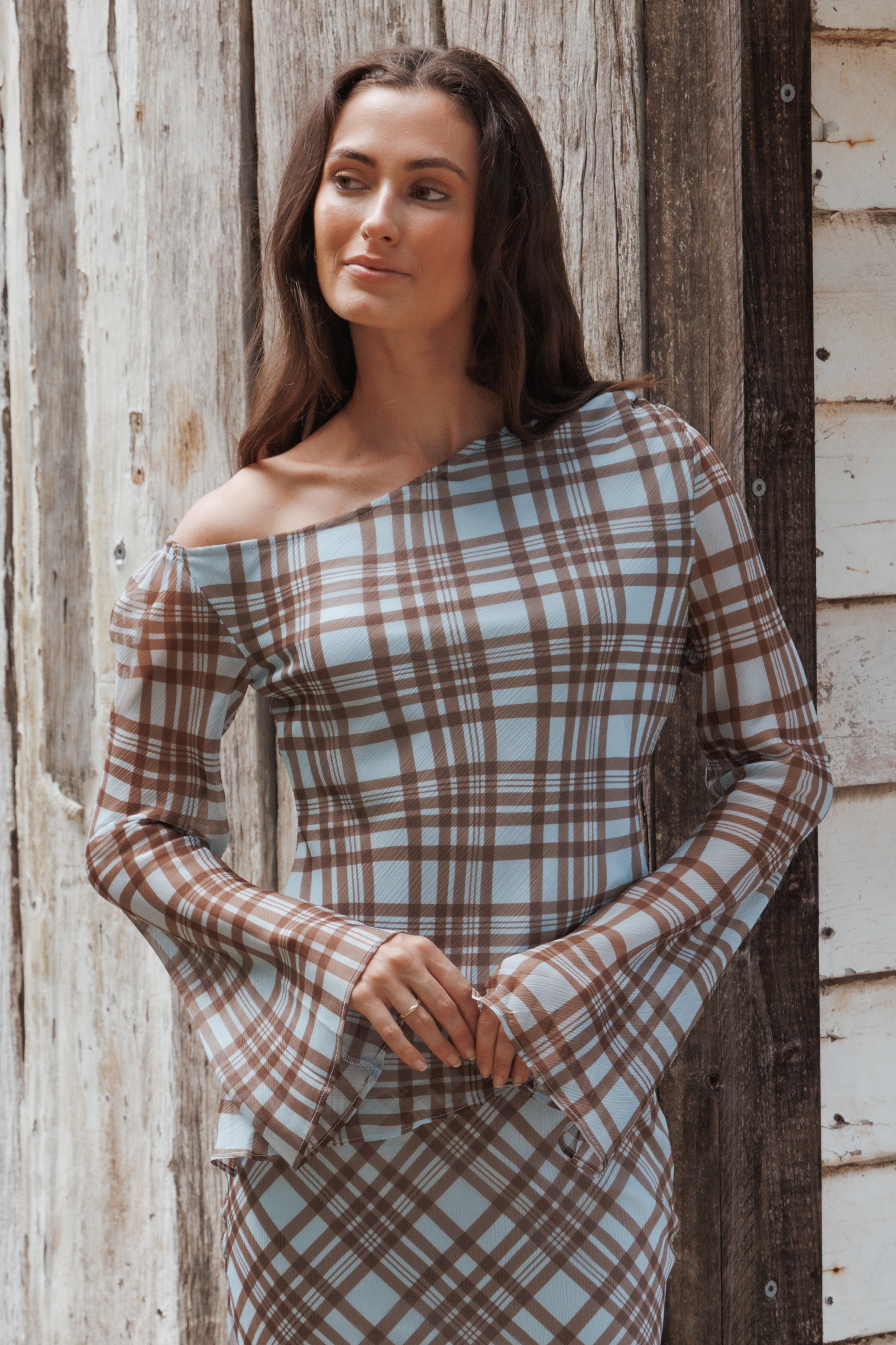 TOPS Caitriona Cowl Neck Top - Blue Plaid