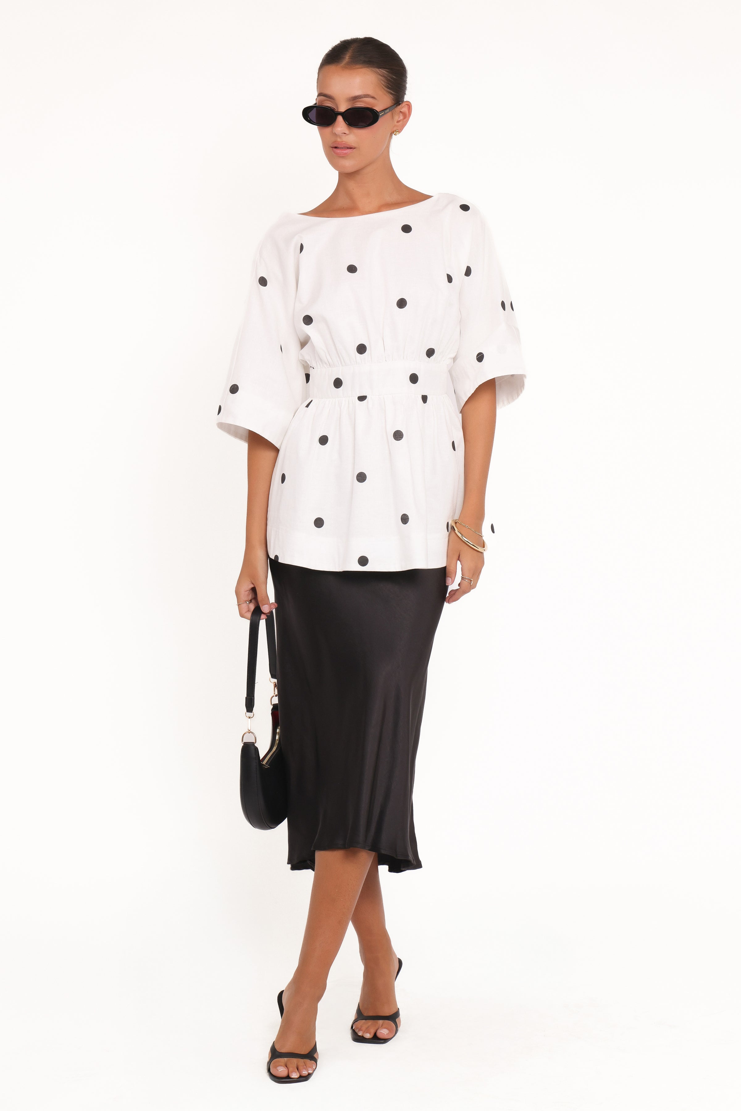 TOPS Camila Open Back Top - White Black Polka Dot