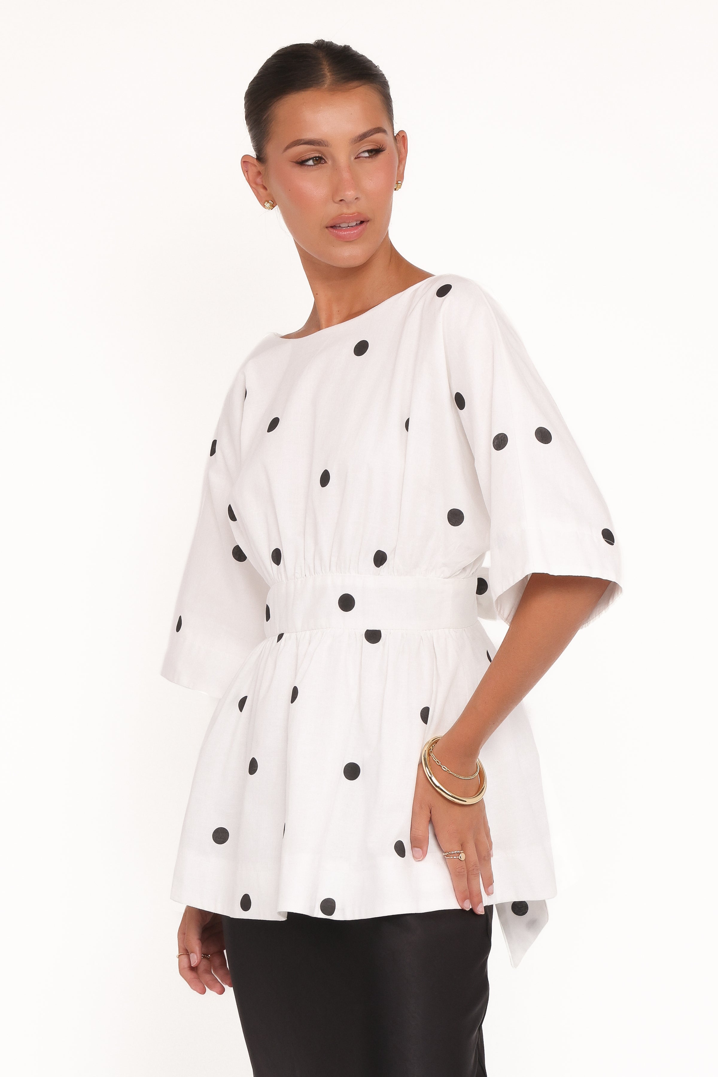 TOPS Camila Open Back Top - White Black Polka Dot