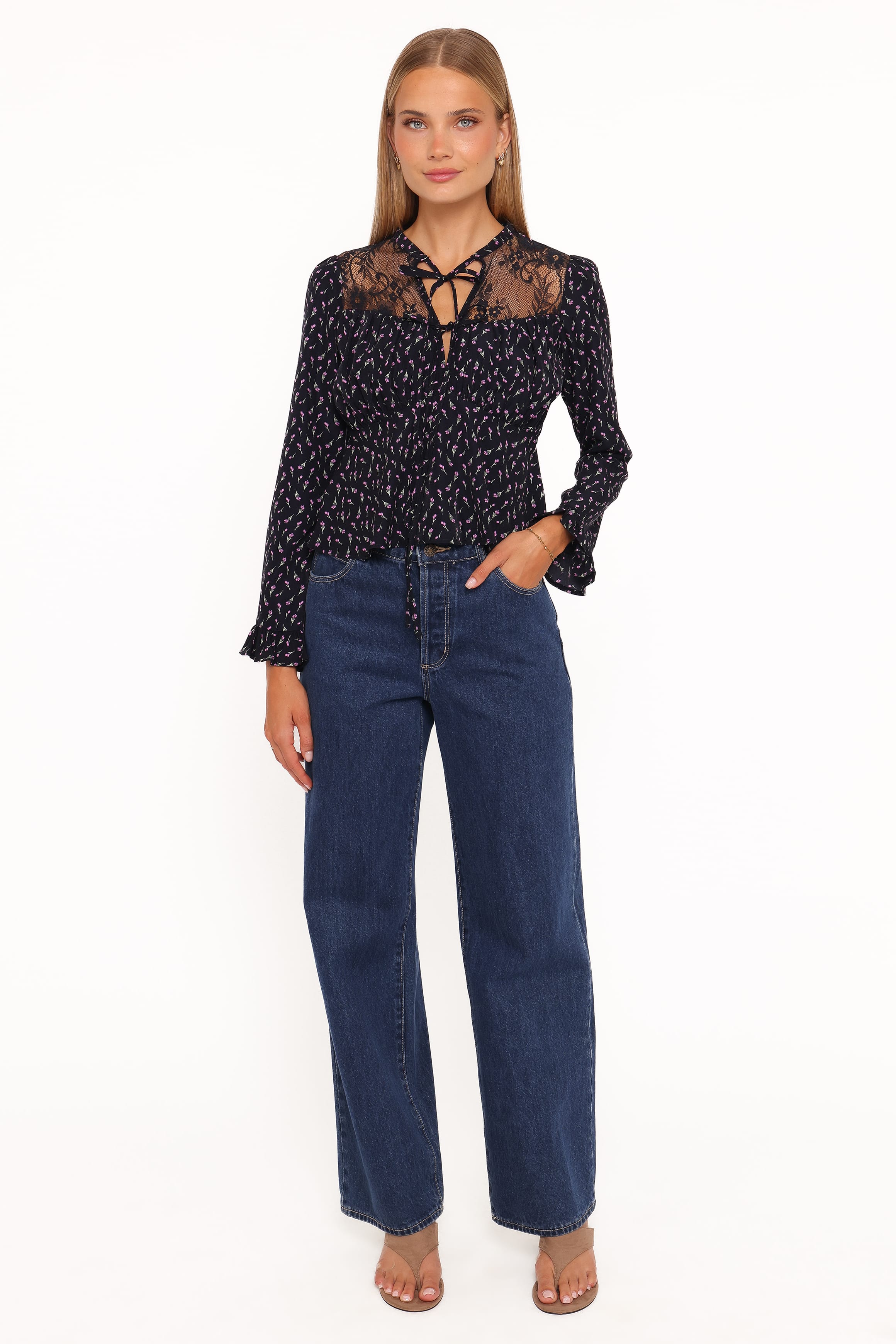 TOPS Caoimhe Lace Inset Top - Navy Tulip Floral