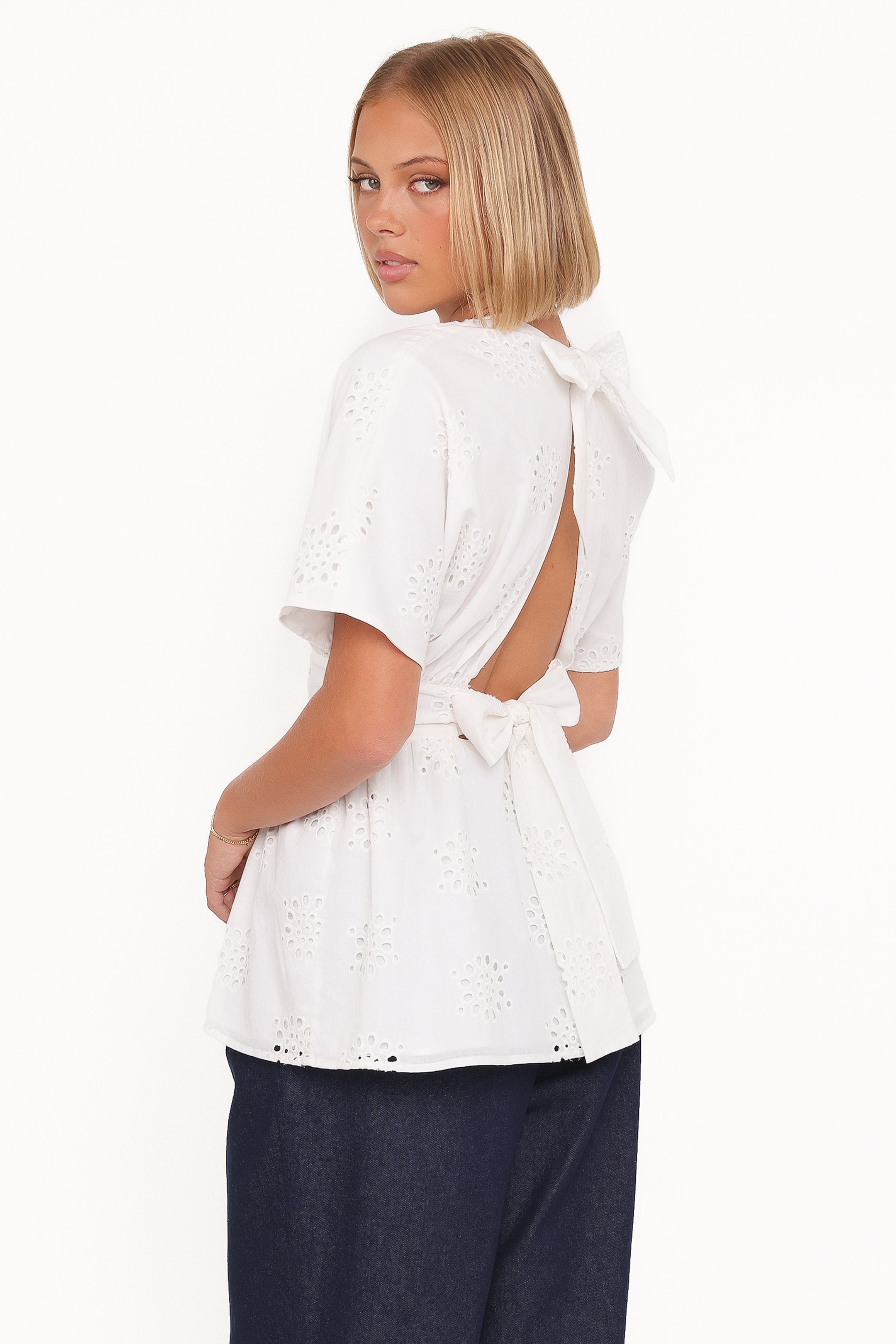 TOPS Carmel Tie Back Tunic Top - White Embroidery
