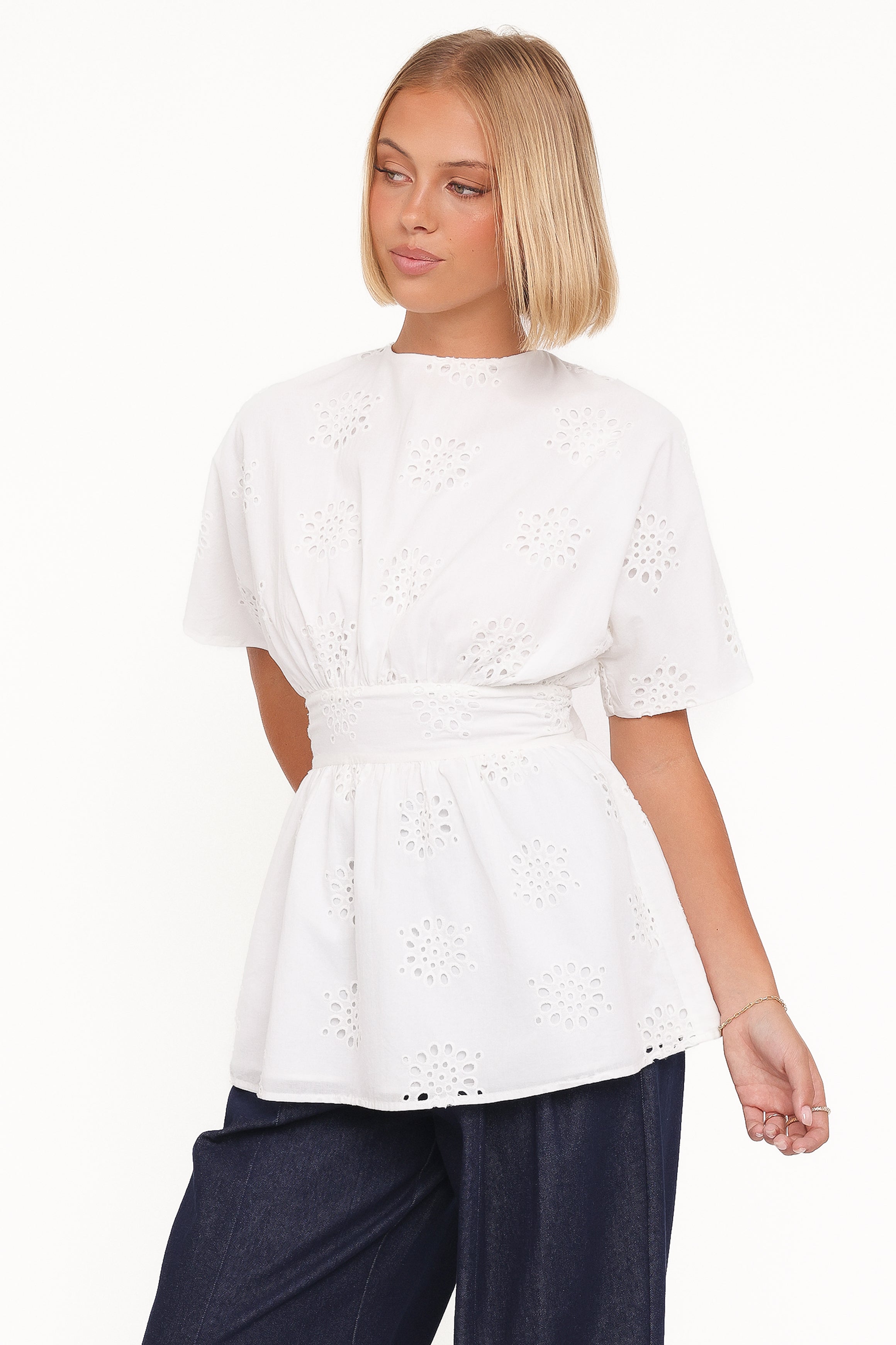 TOPS Carmel Tie Back Tunic Top - White Embroidery