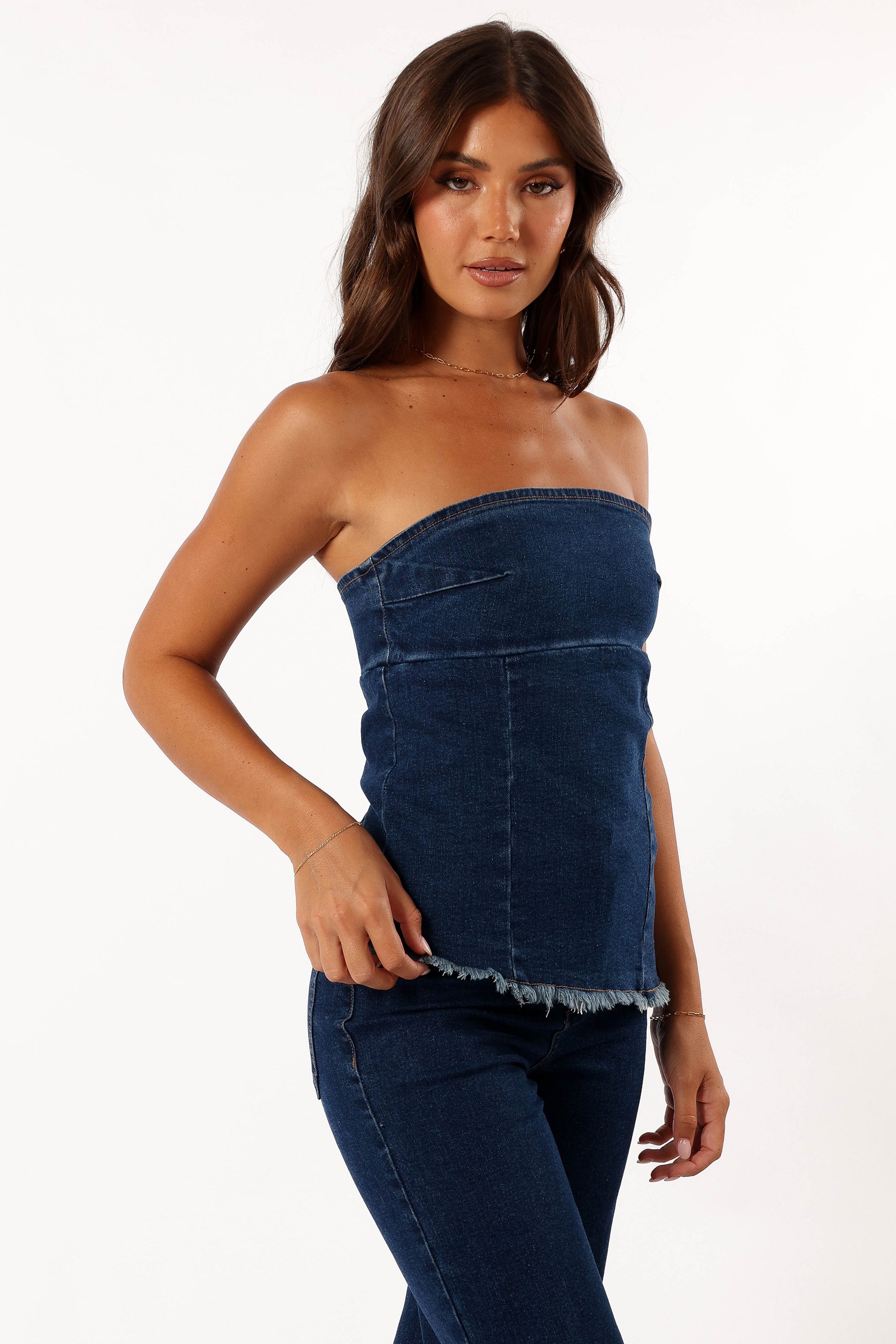 TOPS @Carrie Strapless Denim Top - Dark Denim