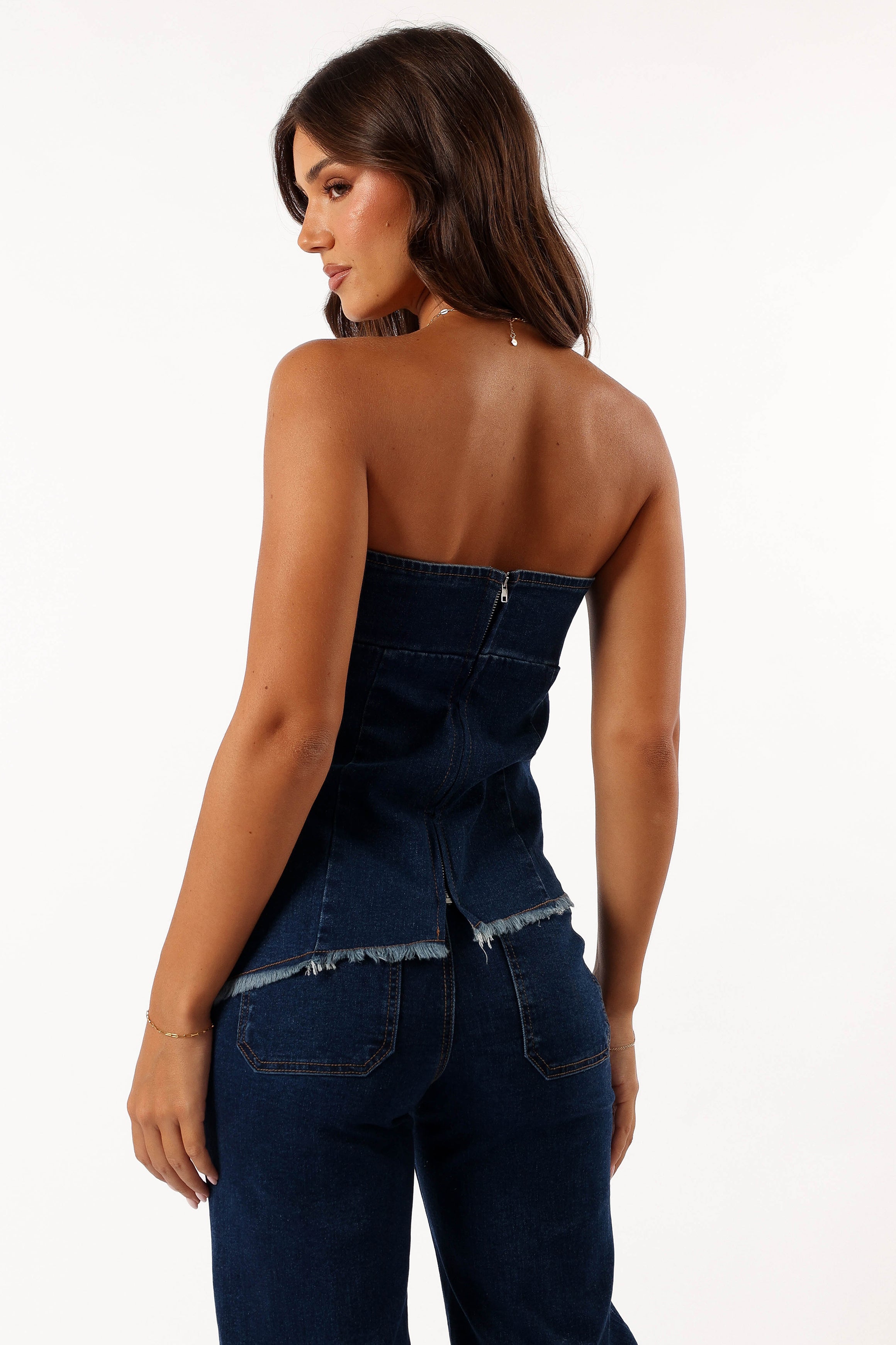 TOPS @Carrie Strapless Denim Top - Dark Denim