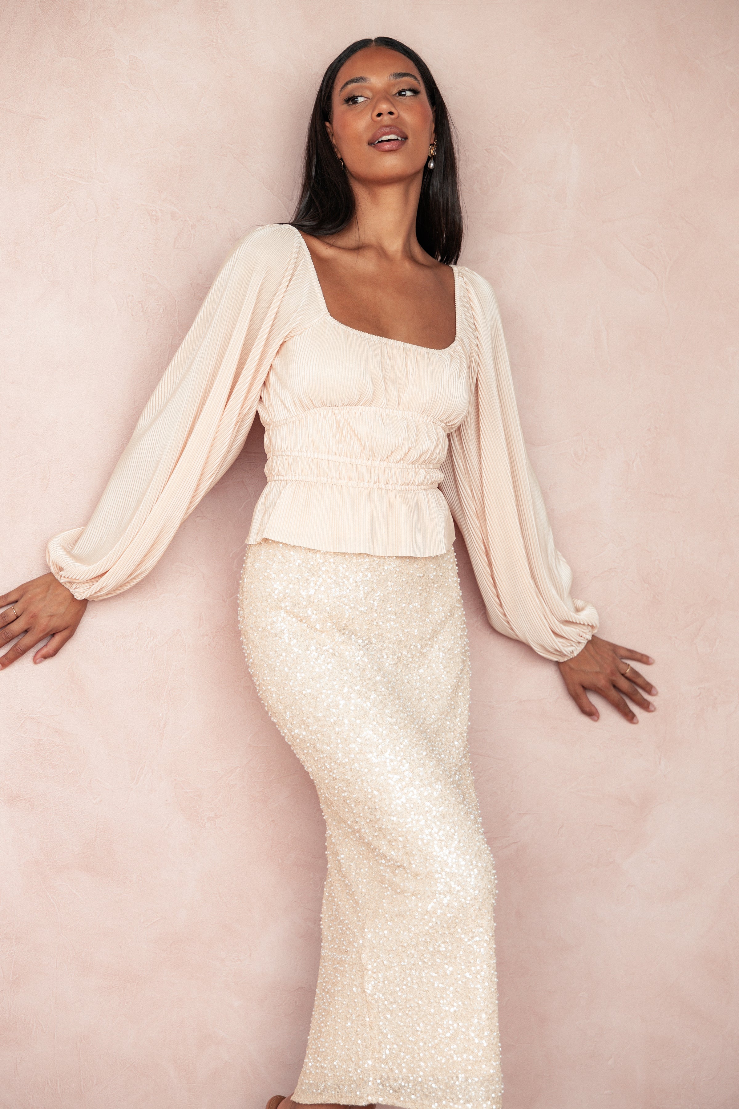 TOPS Ceppia Plisse Top - Light Peach