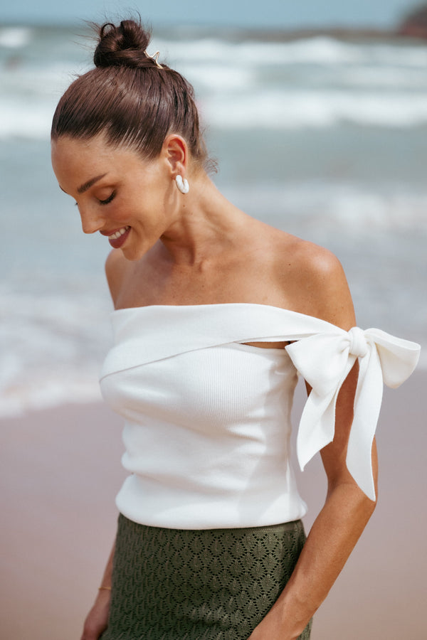 TOPS Charama Off Shoulder Knit Top - White