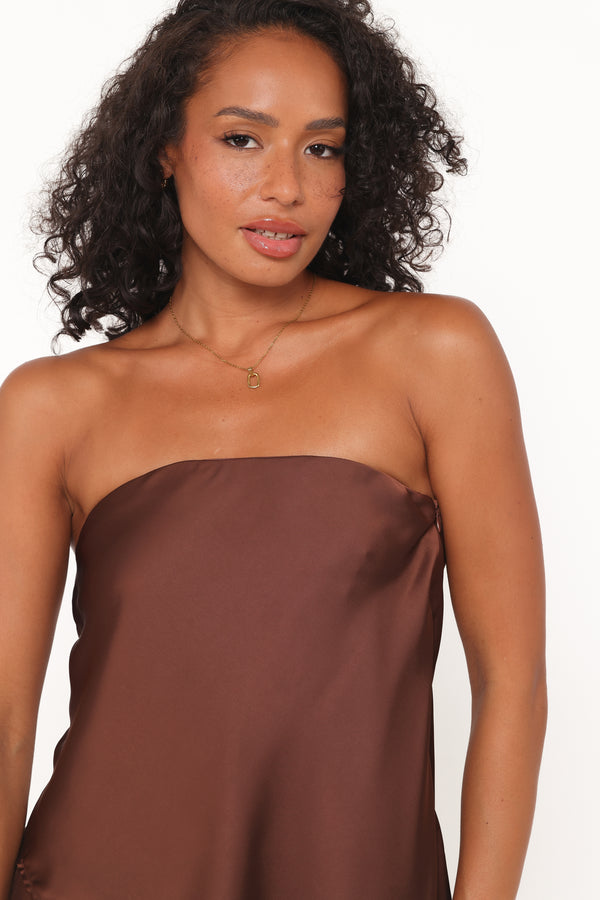 TOPS Charmer Asymmetrical Longline Strapless Top - Dark Brown