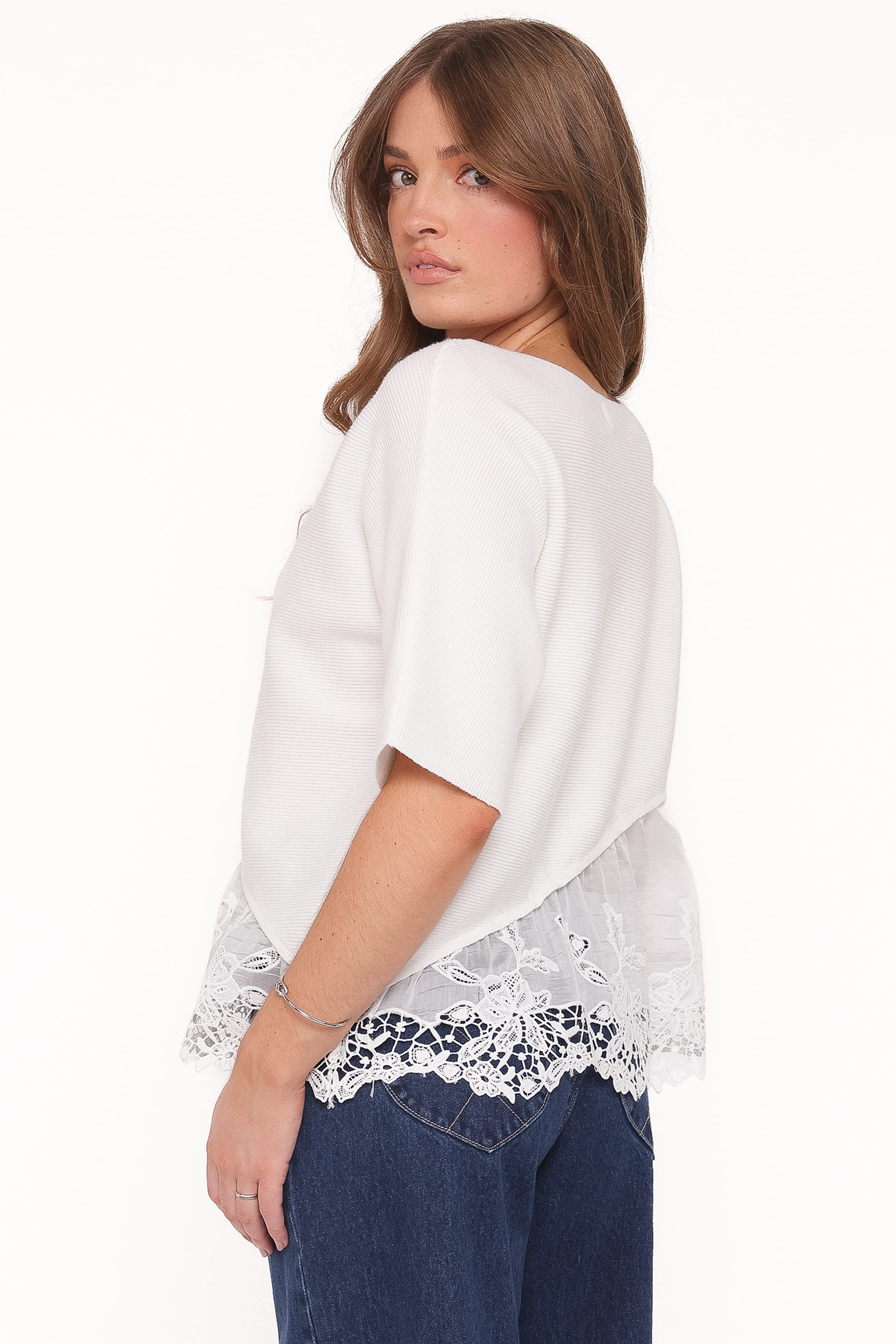 TOPS Chase Lace Hem Ribbed Top - Ivory