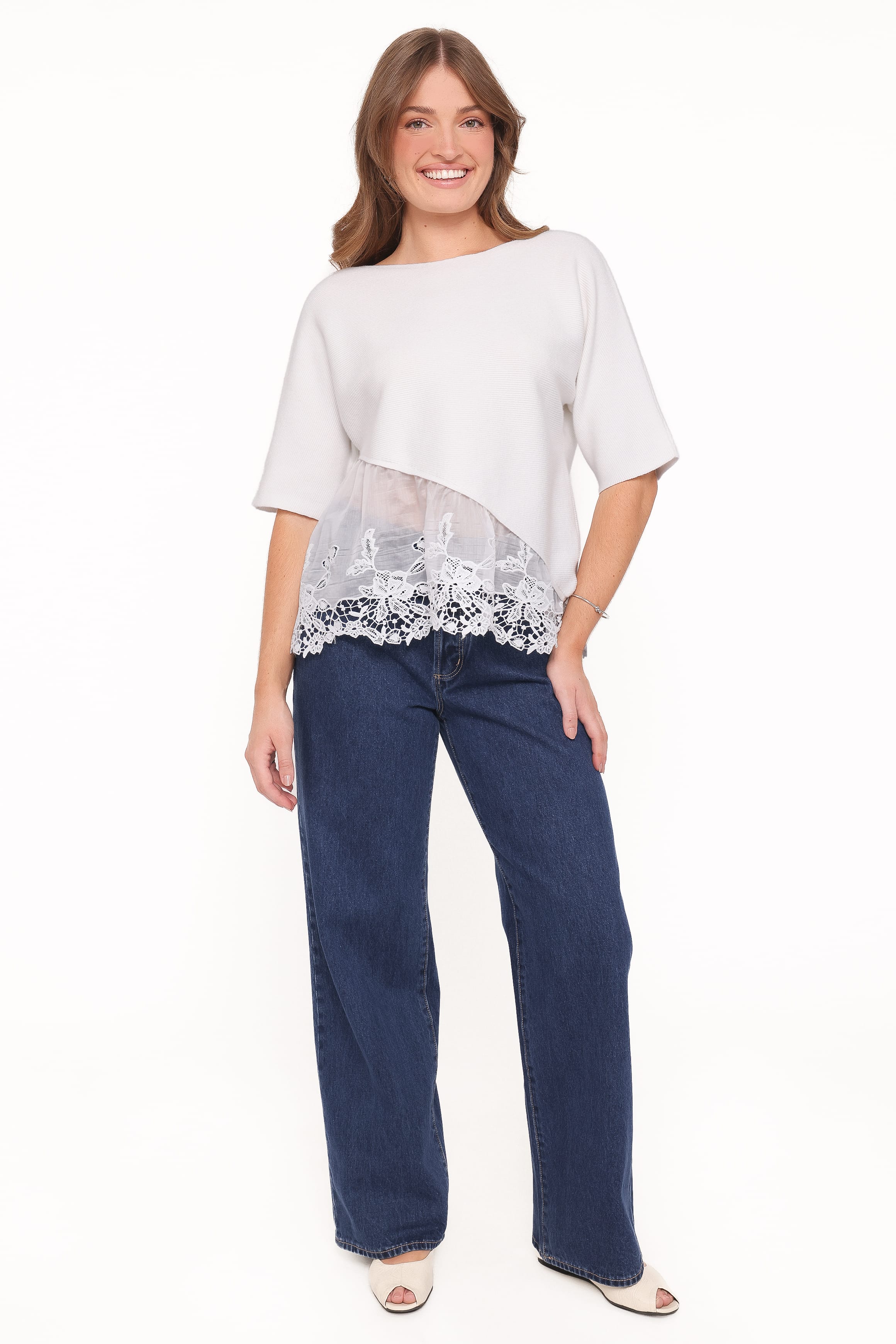 TOPS Chase Lace Hem Ribbed Top - Ivory