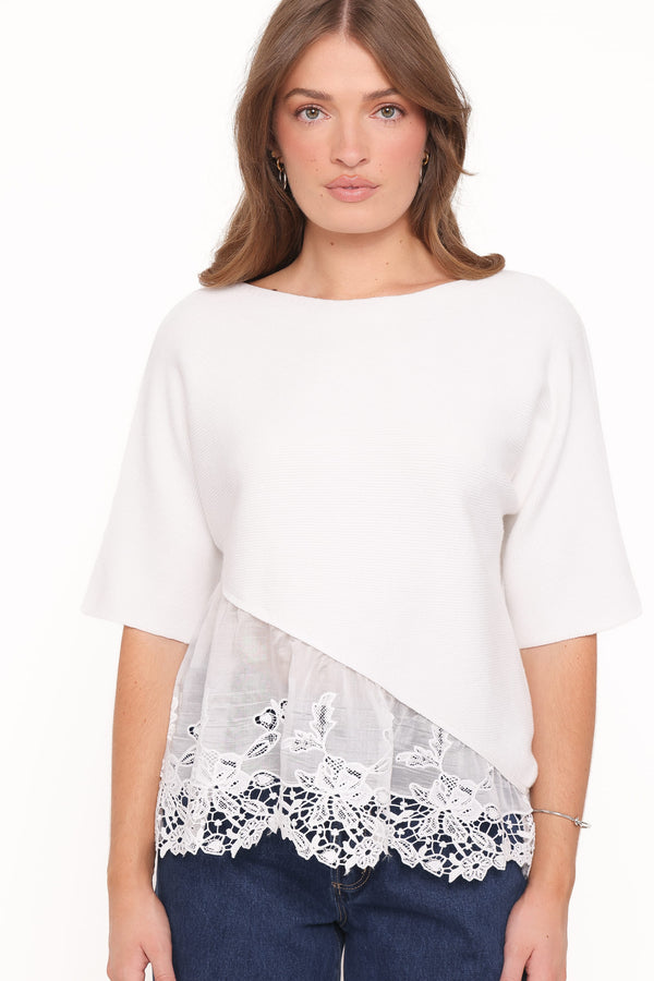 TOPS Chase Lace Hem Ribbed Top - Ivory