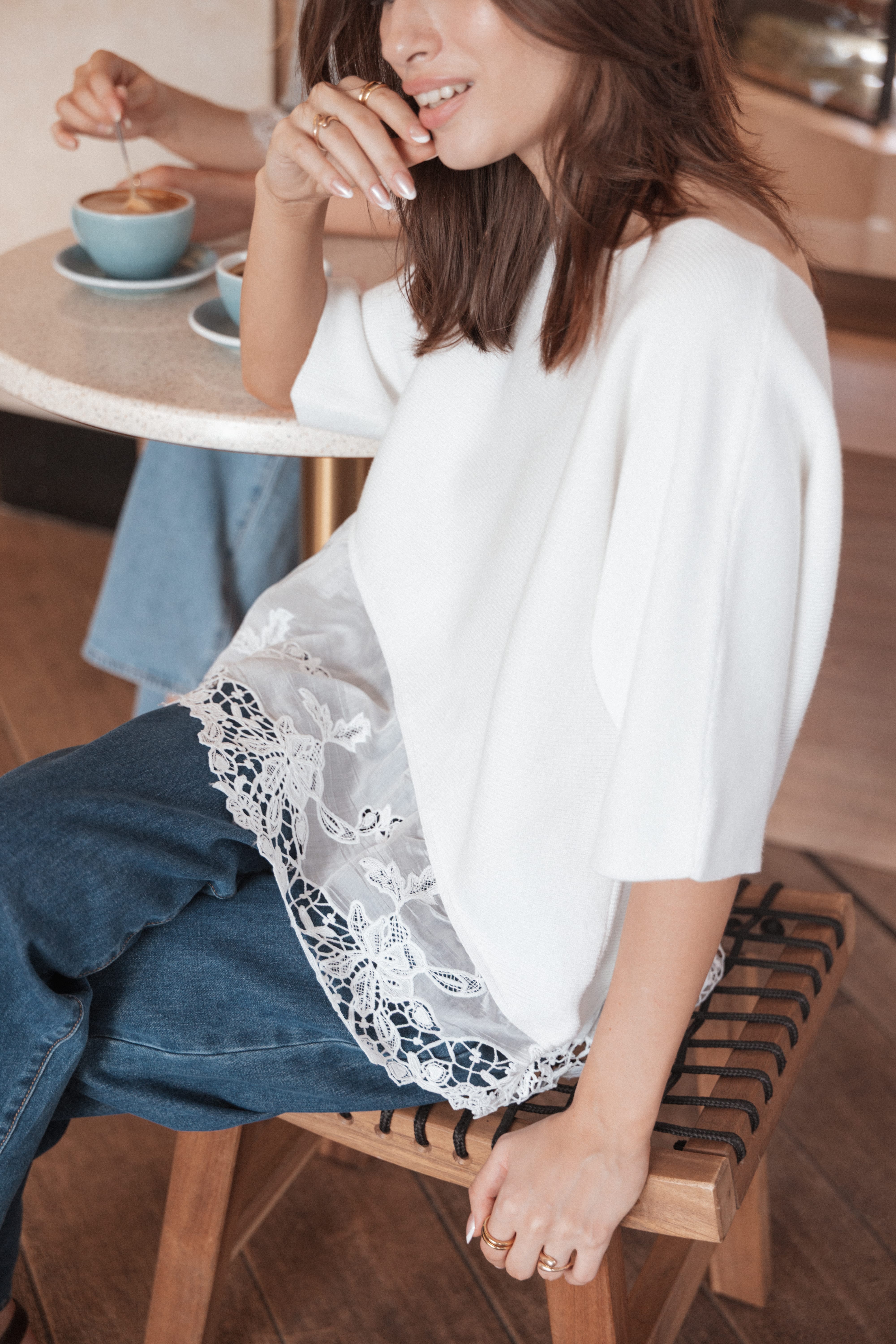 TOPS Chase Lace Hem Ribbed Top - Ivory