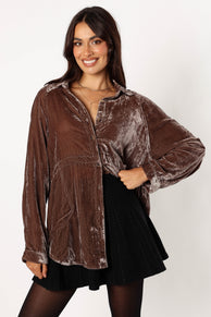 TOPS @Chelsea Velvet Oversized Button Down Top - Midnight